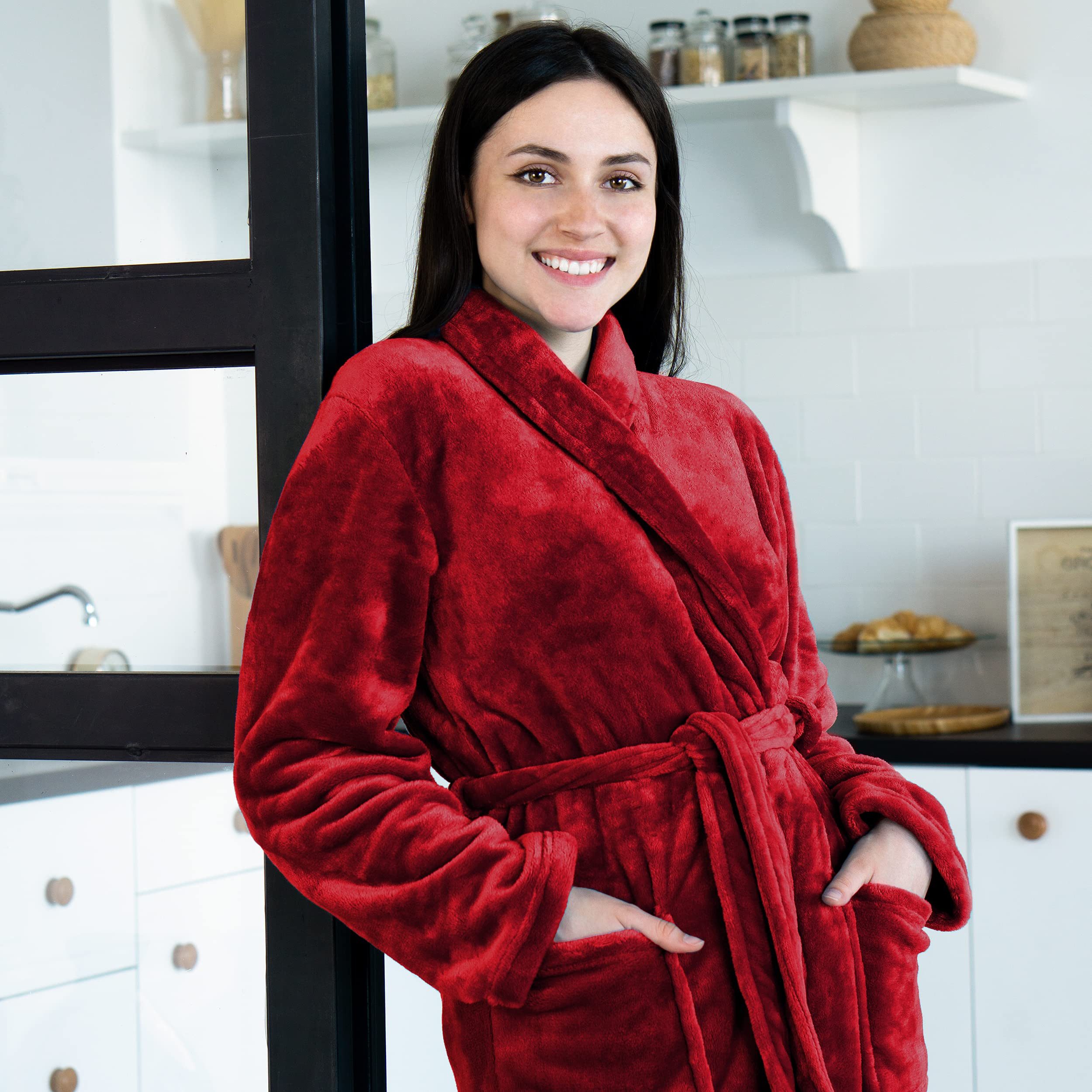 Gräfenstayn Unisex-Bademantel Damen Herren Kuschelfleece Bademantel Größe S-XXXL, warm & kuschelig, Waden bis Knöchellang, Fronttaschen, Gürtel, S-XXXL