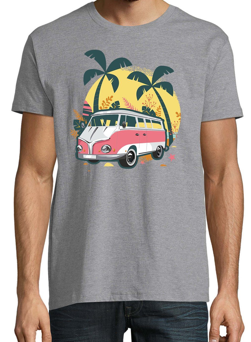 Frontprint Shirt Grau Urlaub T-Shirt modischem Van mit Herren Designz Camping Youth