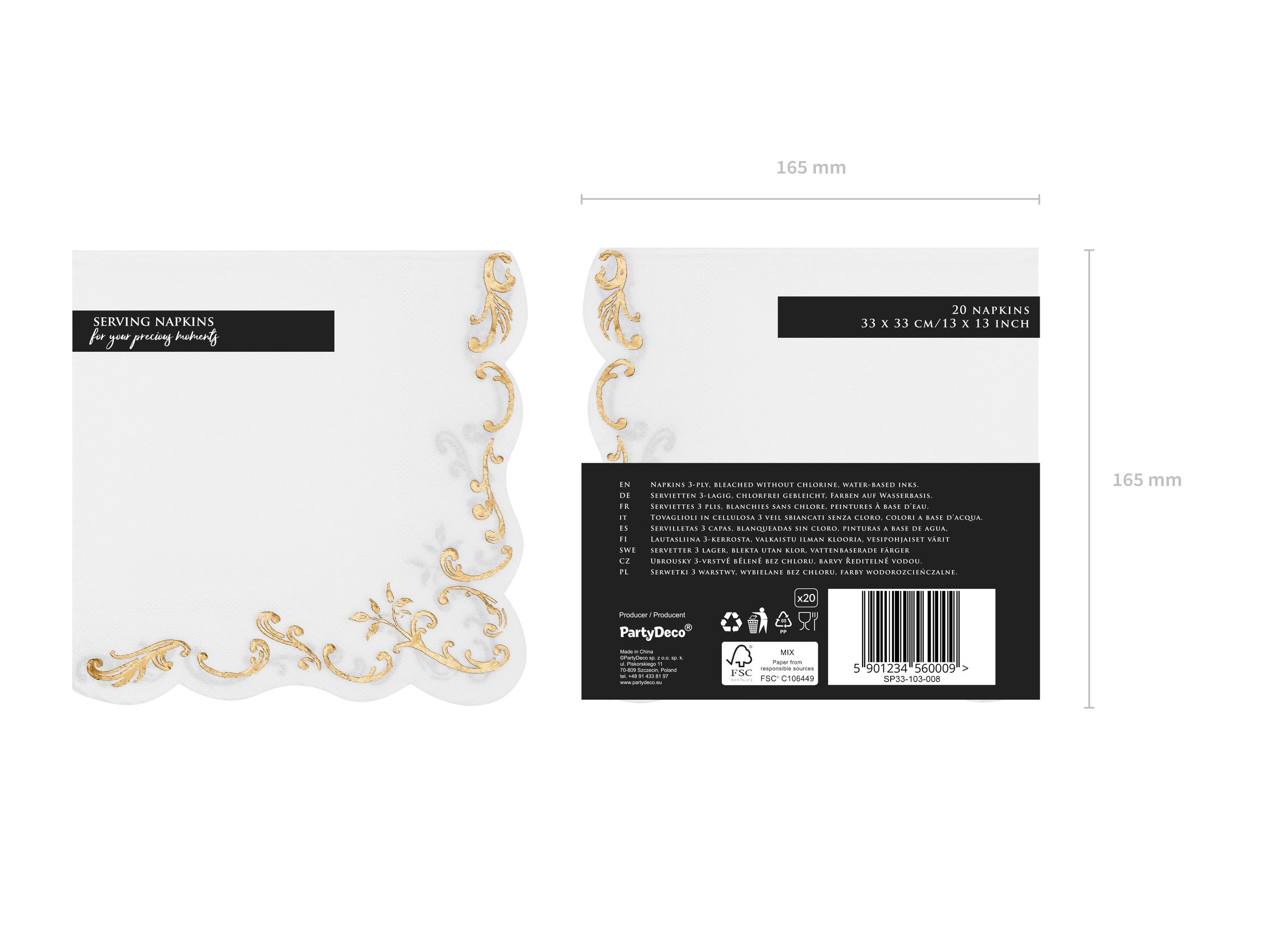 partydeco Papierserviette, Servietten Papier 33x33cm 3-lagig 12 Stück mit Gold Ornament Weiß