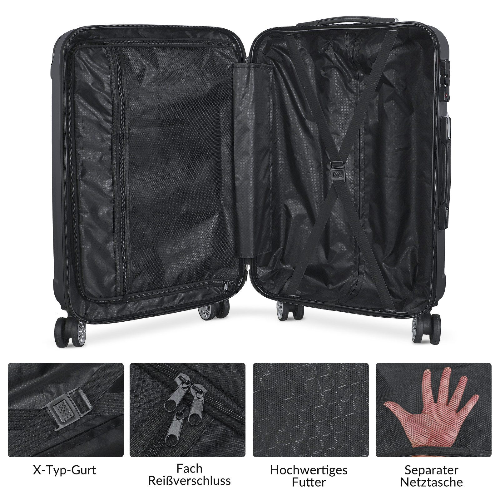 Henunem Kofferset Trolleyset Reisekoffer ABS Hartschalenkoffer mit Zahlenschloss, Hartschalen Rollkoffer,3 tlg,4 Rollen,ABS-Material, Schwarz-D – Bild 5 von 5