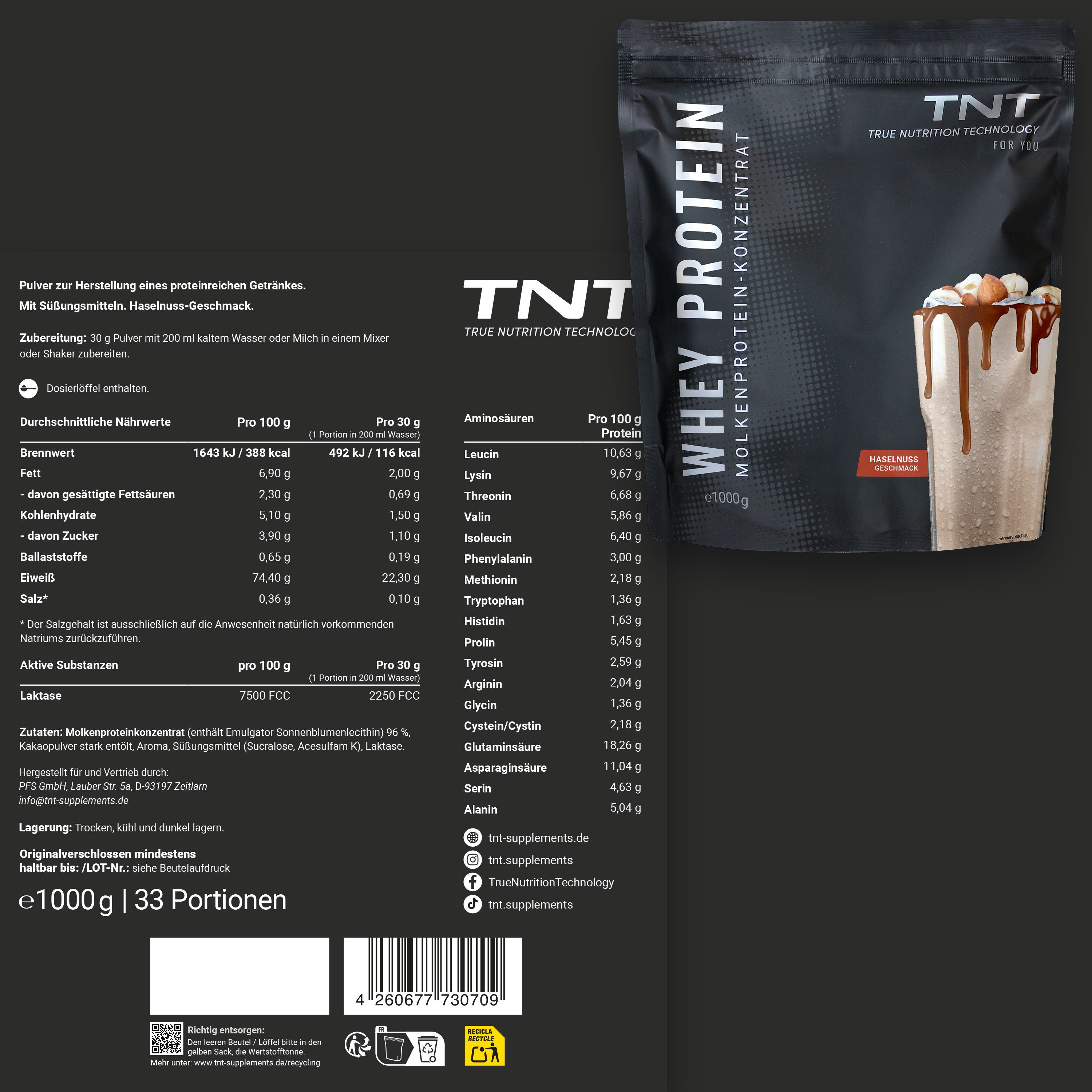 TNT (True Nutrition Technology) Whey Protein - Molkenprotein-Konzentrat für Muskelaufbau und Diät Pulver