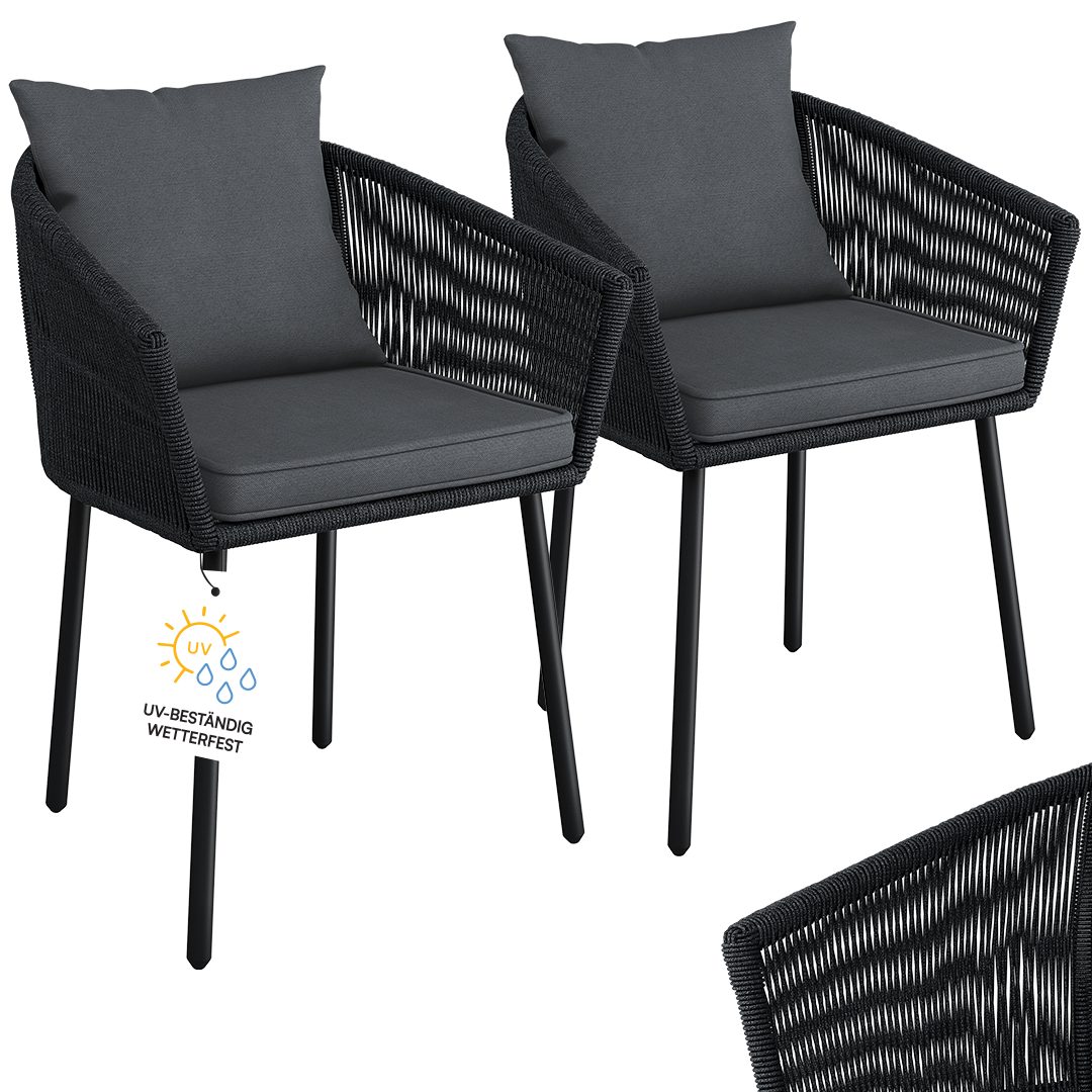 STEELSØN Gartenstuhl Nair mit Sitzauflagen & Kissen (2er Set, schwarz), Gartensessel aus Polyrattan, elastisches Seilgeflecht, wetterbeständig