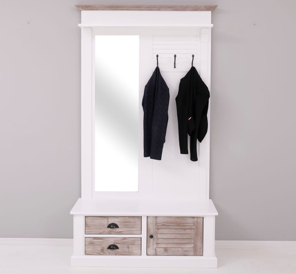 Massivholzmoebel-Becker Garderobe Spiegelgarderobe aus Massivholz mit Sitzfläche, 3 Haken