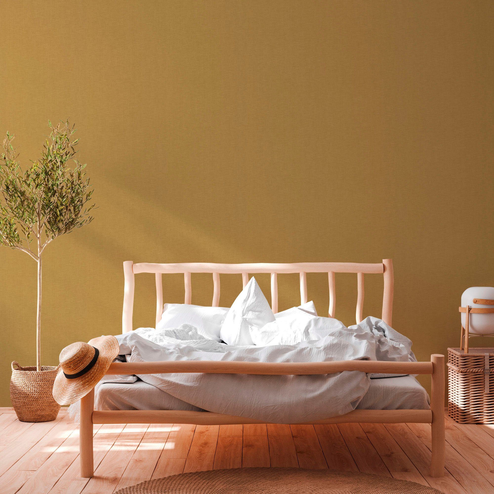 Flechtoptik, Stoffoptik strukturiert, Gewebe Tapete Tapete Vliestapete unifarben, gelb/beige A.S. Création Hygge, Leinenoptik,