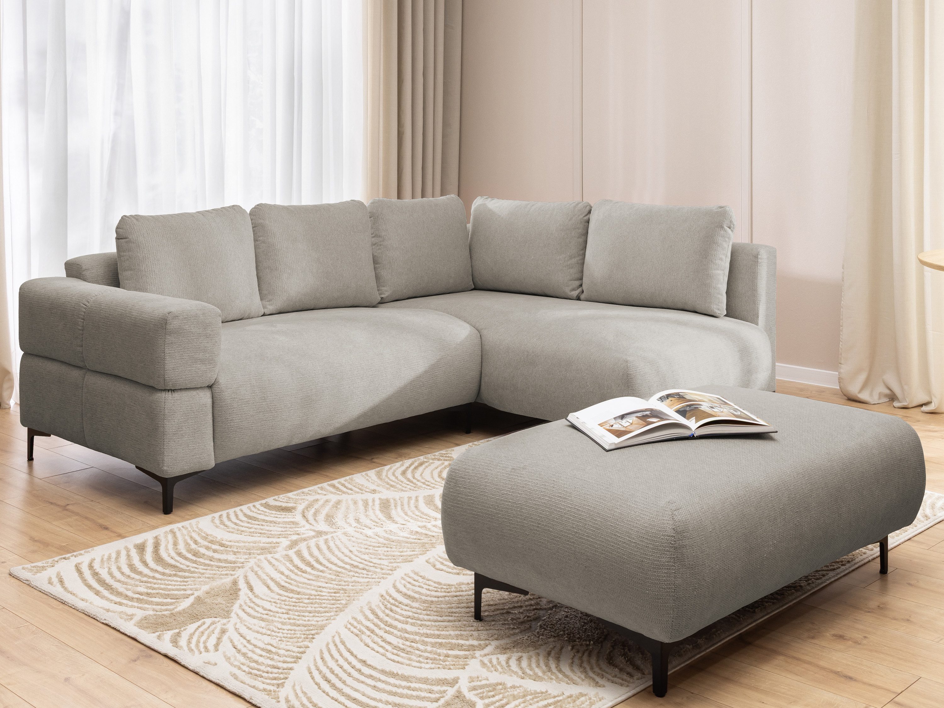 S-Style Möbel Ecksofa und Hocker Cardea mit Schlaffunktion in Bubble-Optik, aus weichem Strukturstoff, mit Wellenfederung