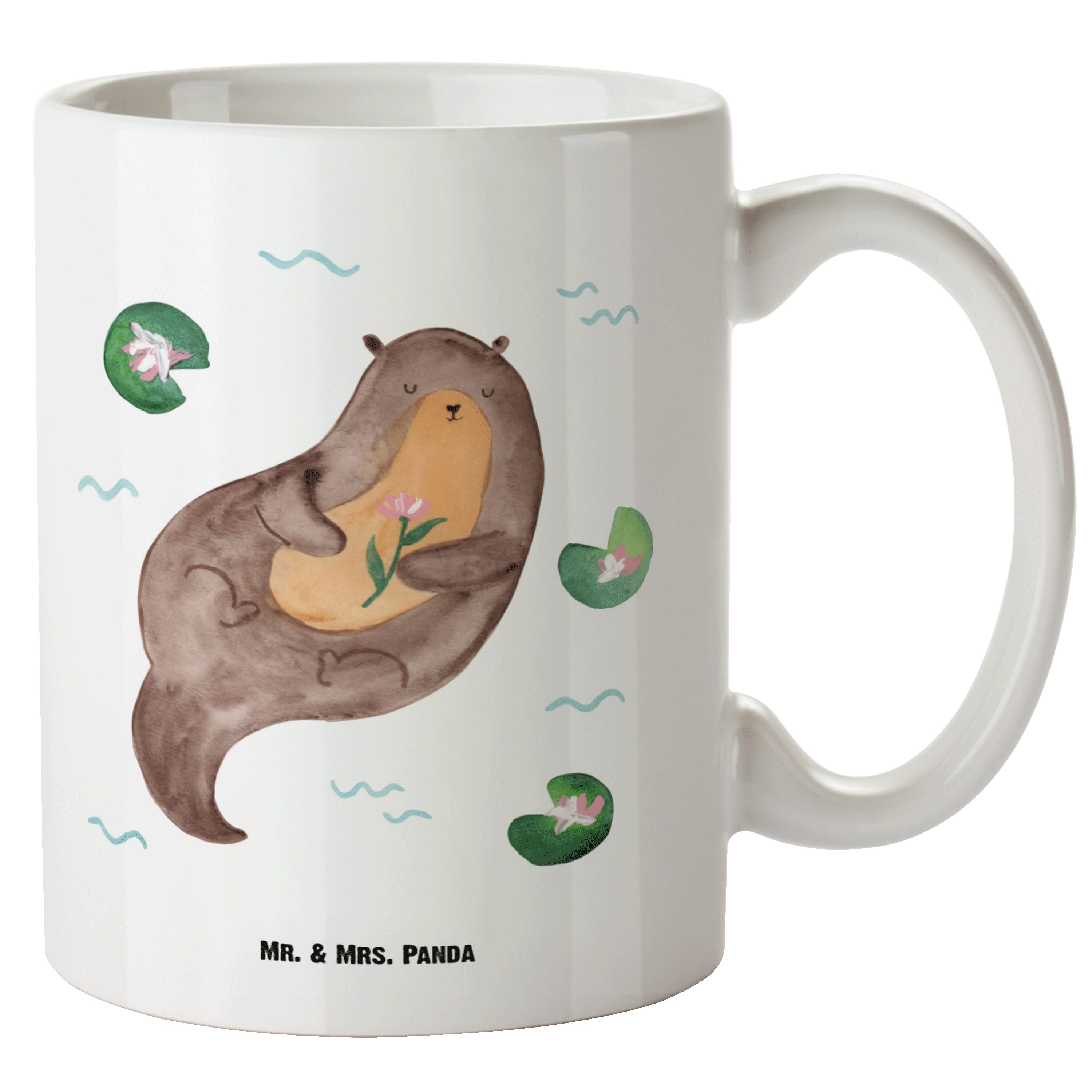 Mr. & Mrs. Panda Tasse Otter mit Seerose - Weiß - Geschenk, Seeotter, Jumbo Tasse, XL Teetas, XL Tasse Keramik