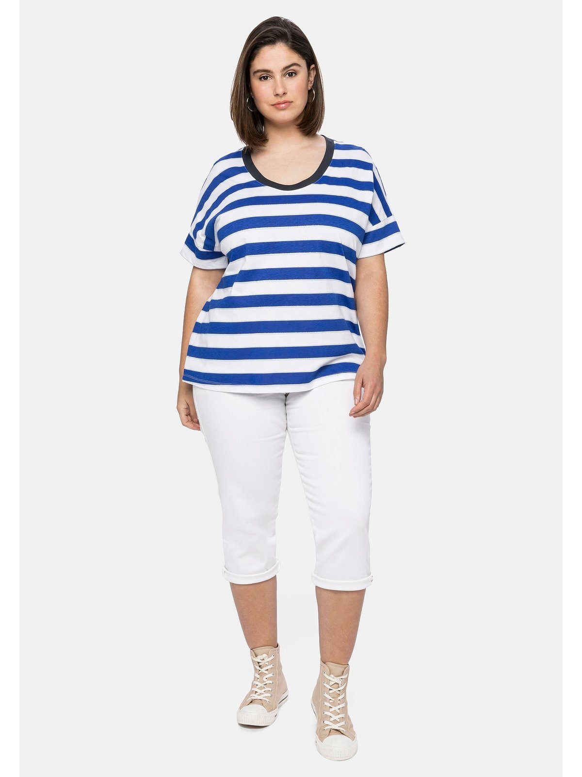 T-Shirt mit in Sheego Oversize-Form royalblau-weiß Größen Glitzergarn, Große