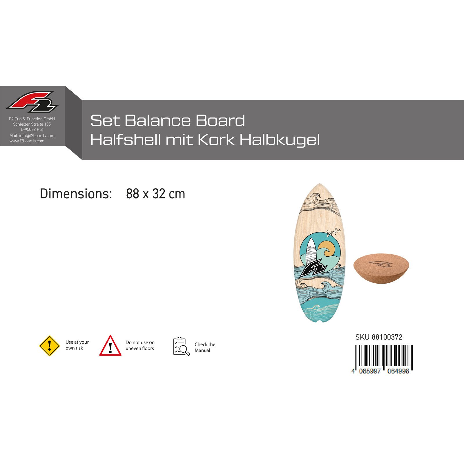 F2 Balanceboard F2 Set Balance Board Halfshell 88x32cm mit Kork Halbkugel