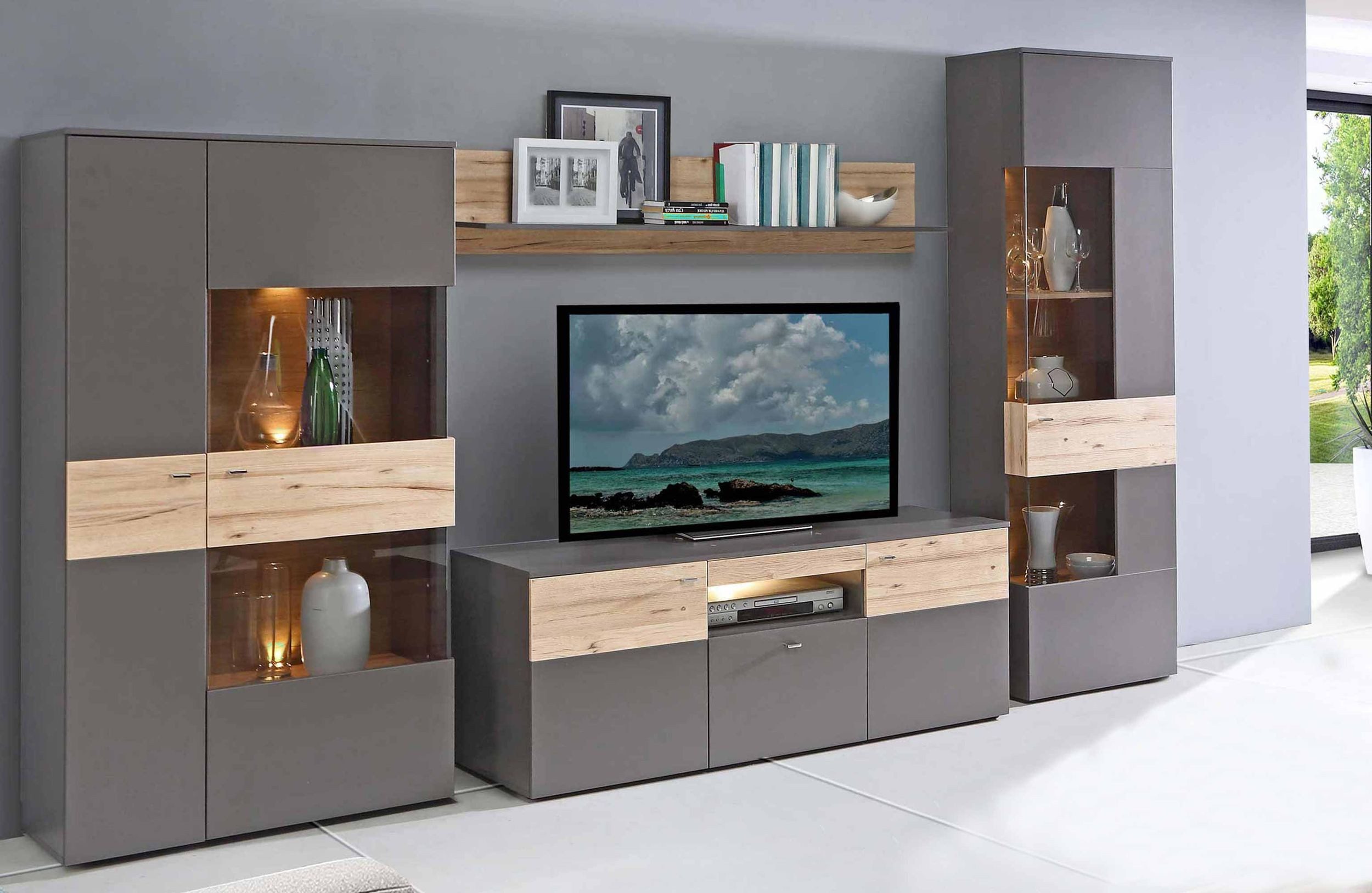 FORTE Wohnwand Wohnkombination COMO rechts Optik: Grau / Planked Eiche mit LED, (Komplett-Set, 4-St., Vitrine, Highboardvitrine, Lowboard, Wandboard)