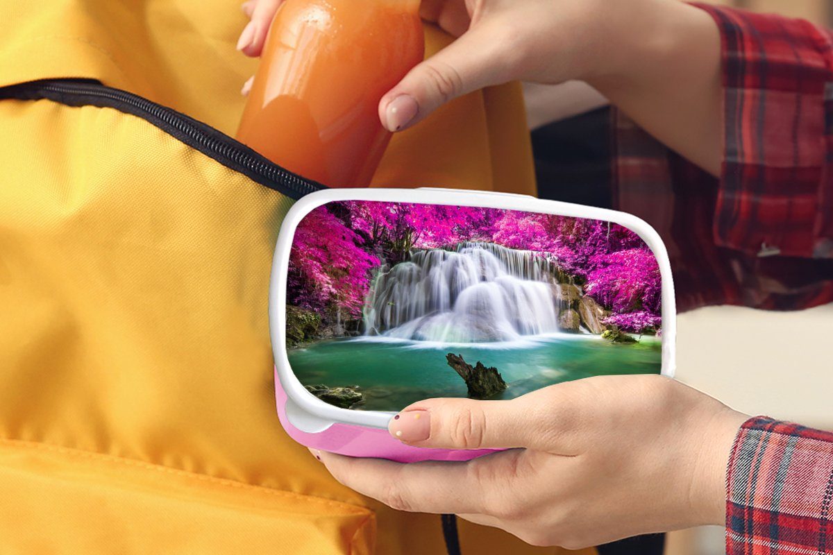 MuchoWow Lunchbox Wasserfall - Rosa Snackbox, Kunststoff (2-tlg), Kunststoff, Erwachsene, für Brotdose Mädchen, Kinder, - Brotbox Bäume