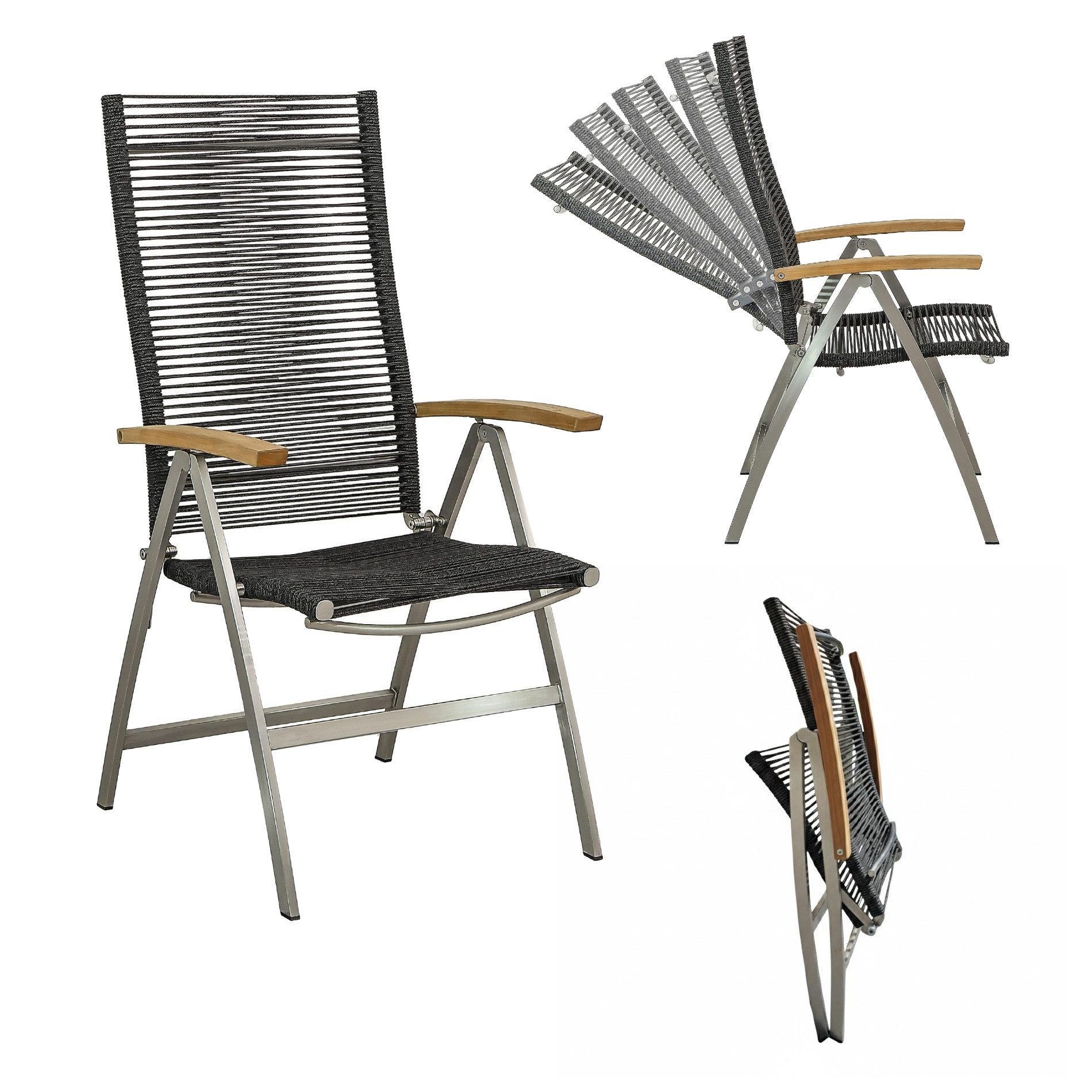 CASA DOMA Gartenstuhl Mineo, Klappsessel aus Edelstahl/Rope/Teak, verstellbar, Hochlehner
