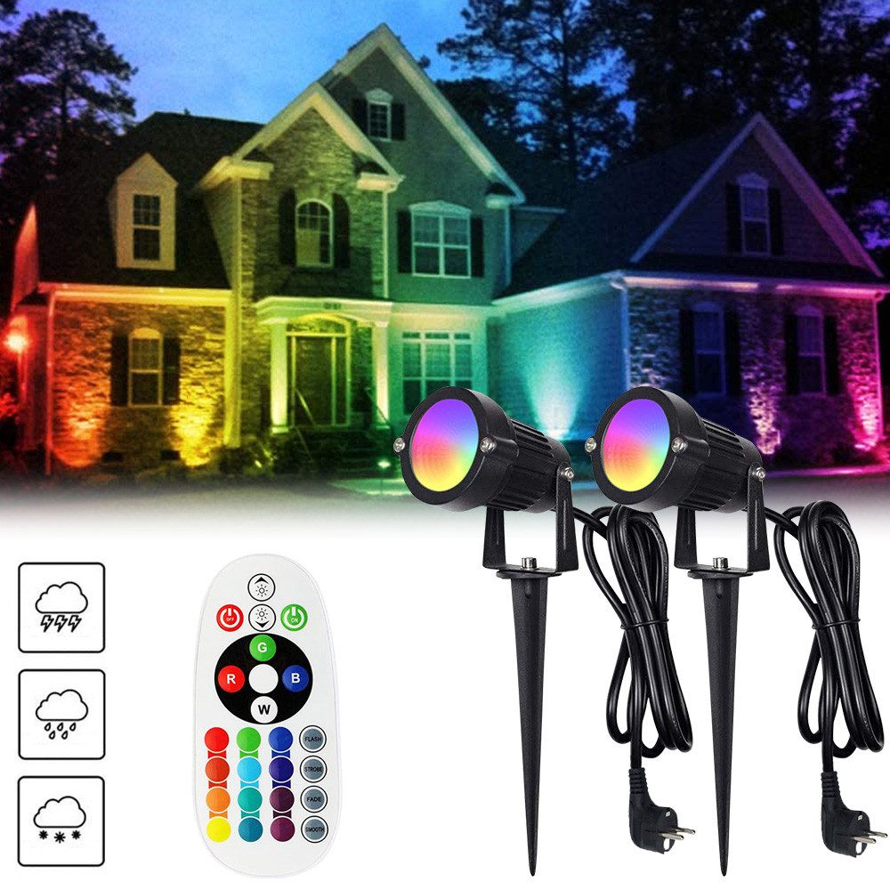 LMaxhome LED Gartenstrahler RGB Strahler Gartenbeleuchtung mit Fernbedienung, 6W(2St), LED fest integriert, 16 Faben, 4 Modi, 90° einstellbar, Memory Funktion, mit 1,5m Kabel Außen Landschaft
