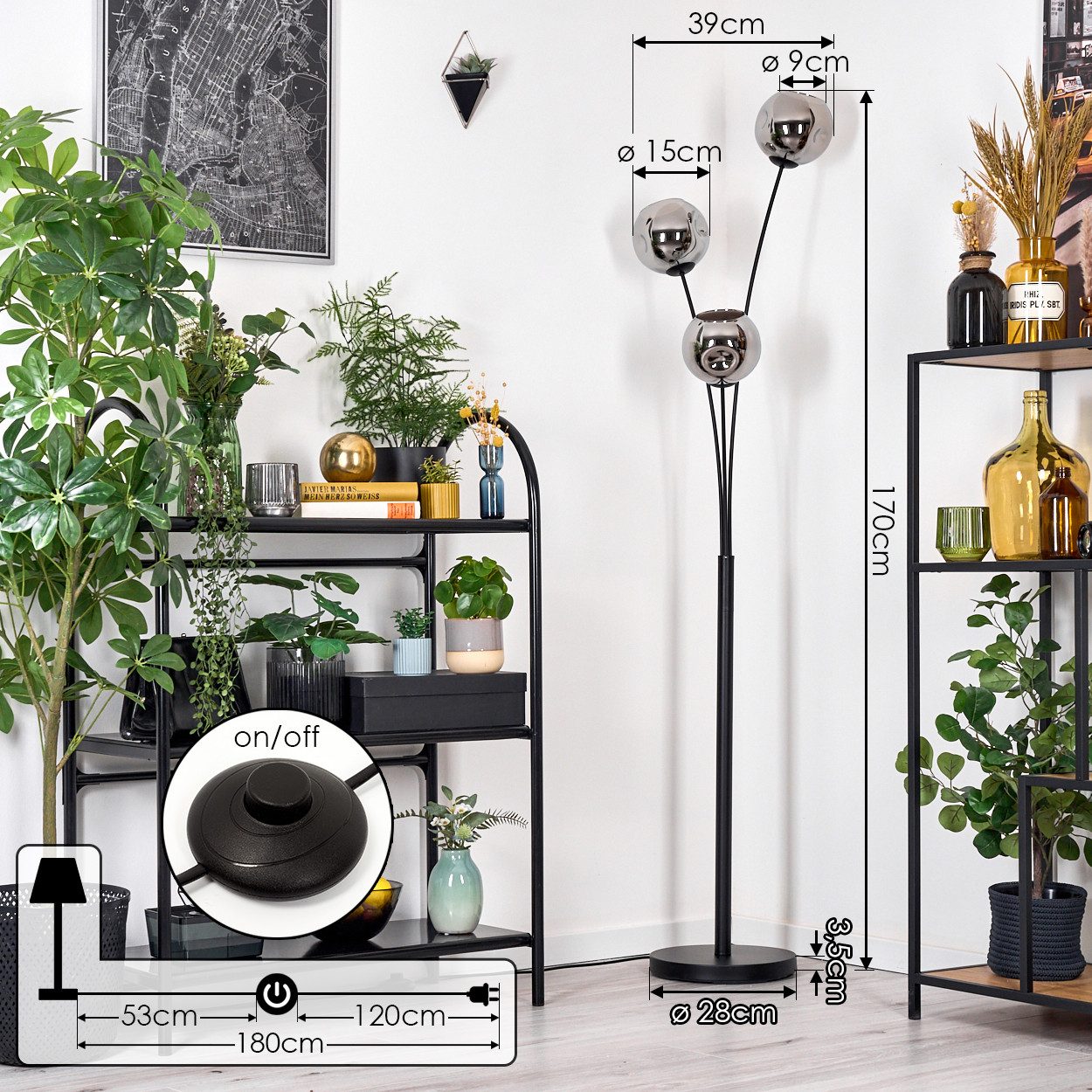 hofstein Stehlampe Stehlampe aus Metall/Glas in Schwarz/Chrom/Rauch, moderne Leuchte im Retro/Vintage-Design (15 cm), Fußschalter, E14