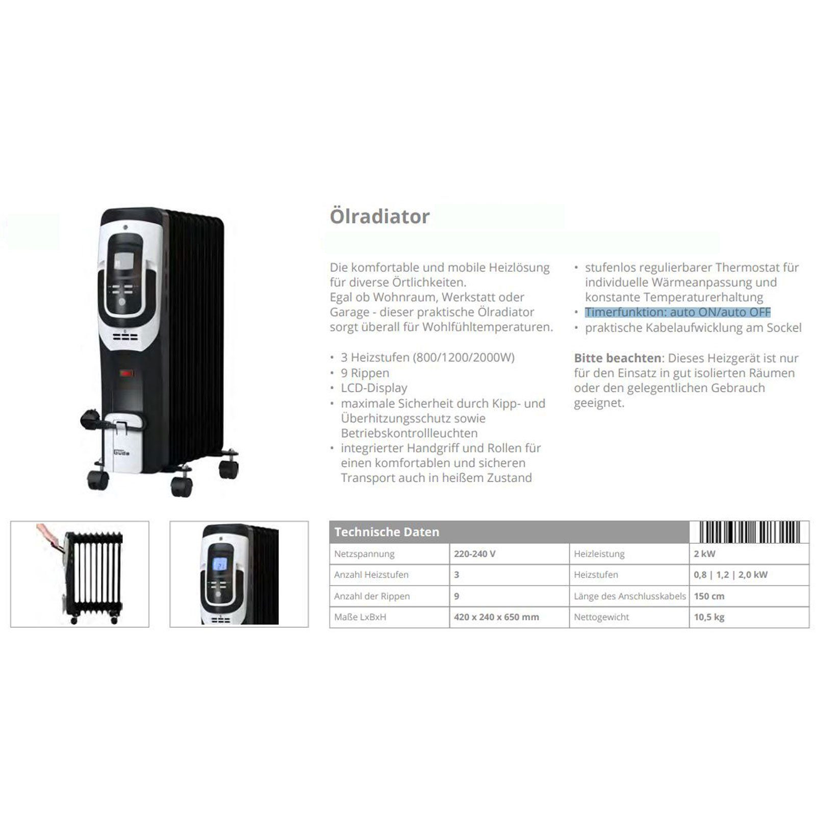 Güde Ölradiator 9 Rippen Radiator 2000W 3 Heizstufen Heizkörper mit Thermos günstig online kaufen