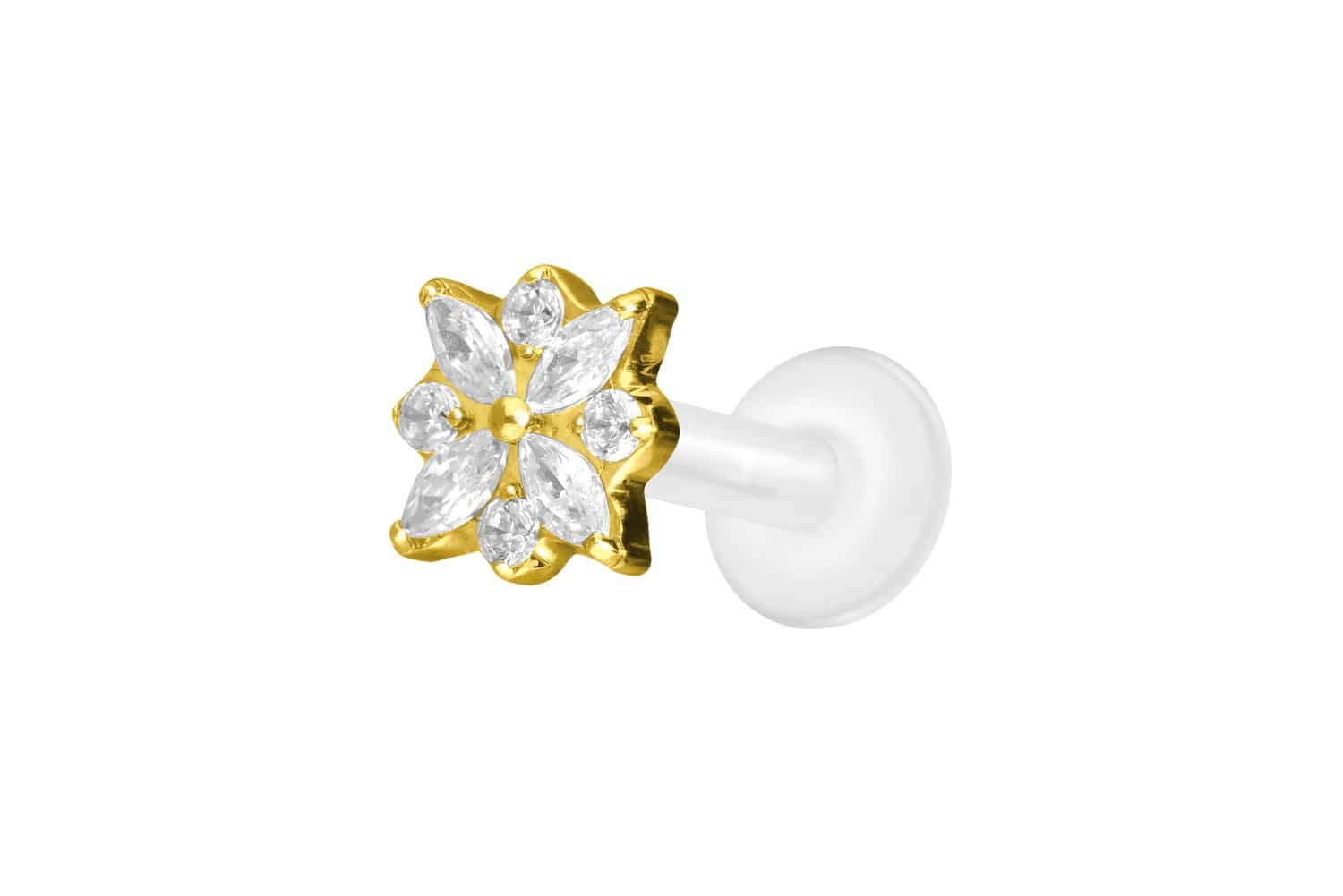 Piercing-Set PTFE Labret mit Innengewinde + Titan-Aufsatz KRISTALLBLUME