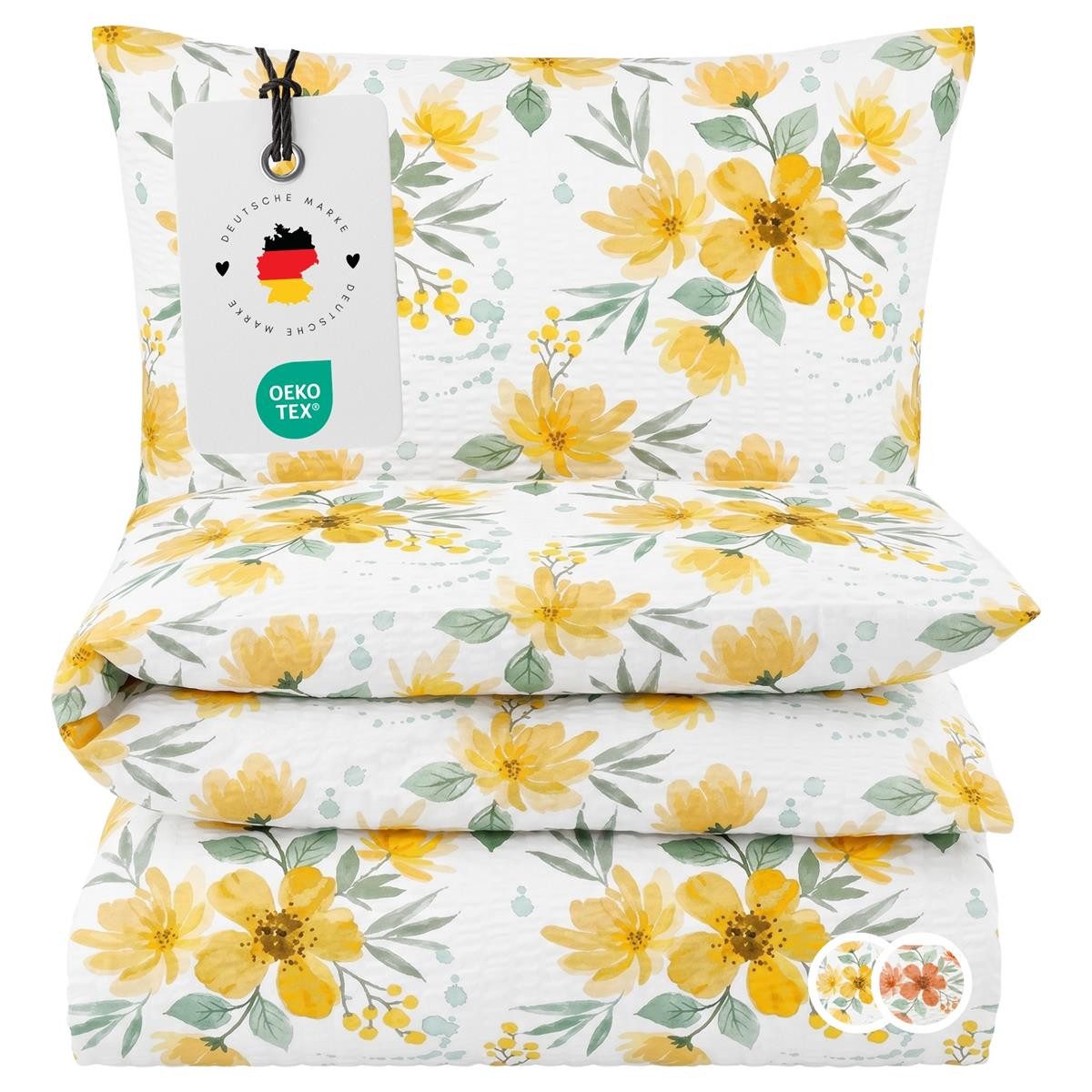 Carpe Sonno Bettwäsche Seersucker 135 x 200 155 x 220 Baumwolle Bügelfrei Sommer Blumen, Seersucker, 2 teilig, OEKO-TEX Bettbezug, Seersuckerbettwäsche mit Reißverschluss 155x220