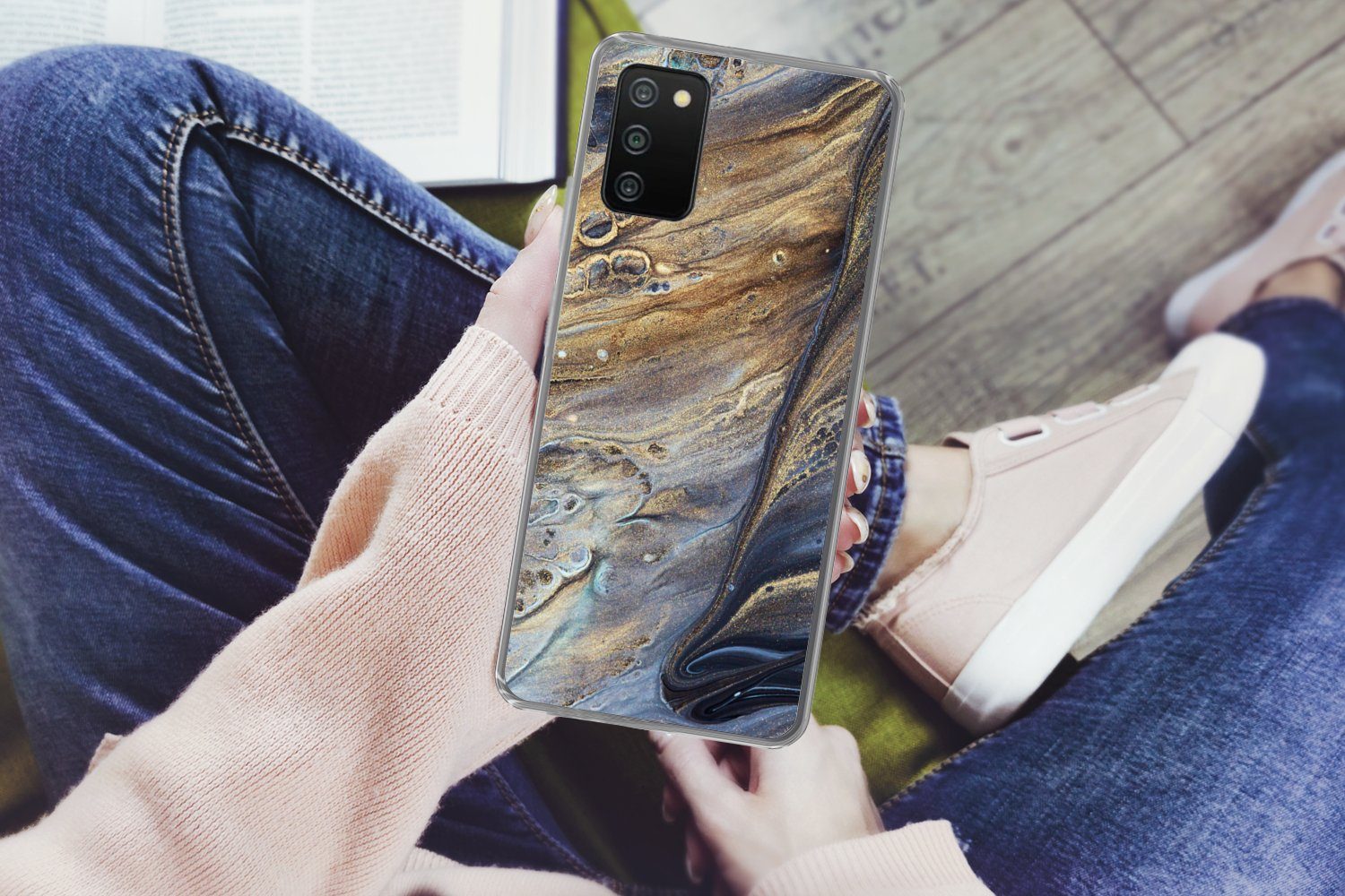 MuchoWow Handyhülle für Samsung Galaxy A03s Marmor - Gold - Aquarell - Textur - Marmoropti, Smartphone-Bumper, Print, Handy Schutzhülle Dünn