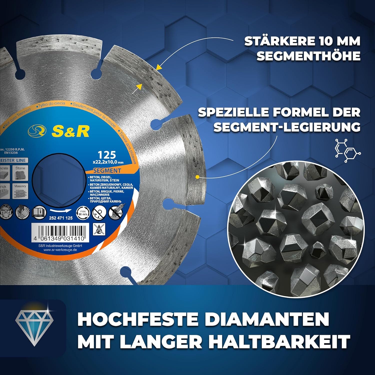 S&R Diamanttrennscheibe 125 x 22,2 mm, Profi Qualität, Hochleistungs-Segmente, UNIVERSAL, Ø 125 mm, zum Trennen von Beton, Naturstein, Stein, Ziegel, Mauerwerk – Bild 4 von 5