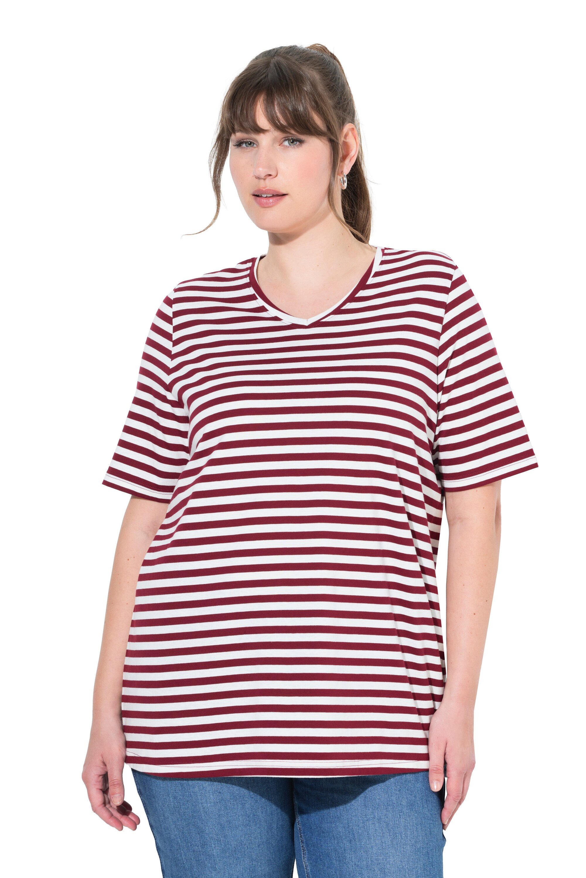Ulla Popken T-Shirt T-Shirts 2er-Pack Ringel/uni V-Ausschnitt Halbarm günstig online kaufen