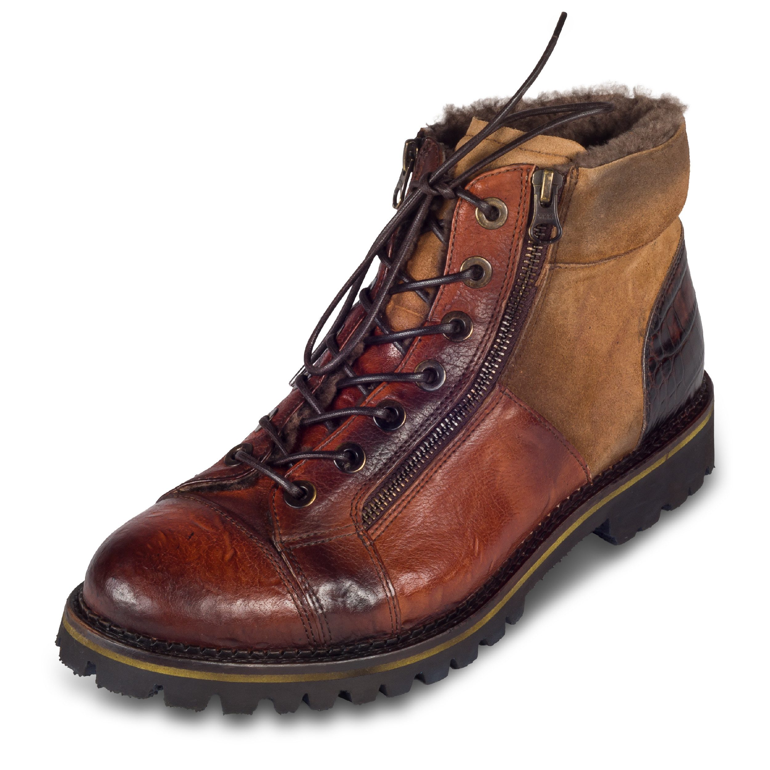 Lorenzi Lorenzi Herren Stiefel braun Glatt-/Wildleder, Lammfell, Reißverschluß Stiefel Handgefertigt in Italien