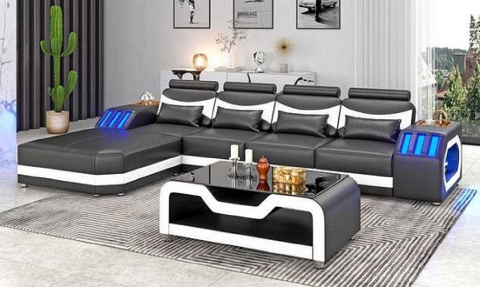 JVmoebel Ecksofa Modern Ecksofa Ledersofa L Form Couch Sofas Luxus Eckgarnitur LED, 3 Teile, Made in Europe Schwarz/Weiß