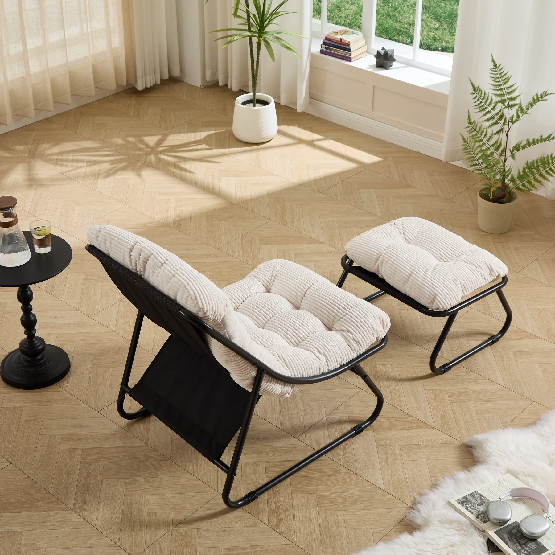 Odikalo Chaiselongue Relaxsessel Gartenstühle Gartenliege Freizeitstuhl mit schlaffunktion, Lounge-Sessel für die Terrasse mit Ottoman–Bequemer Relaxsessel mit weichem Polster und Fußhocker ideal für Wohn-Schlaf-und Lesezimmer Gestell und Polster in Beige