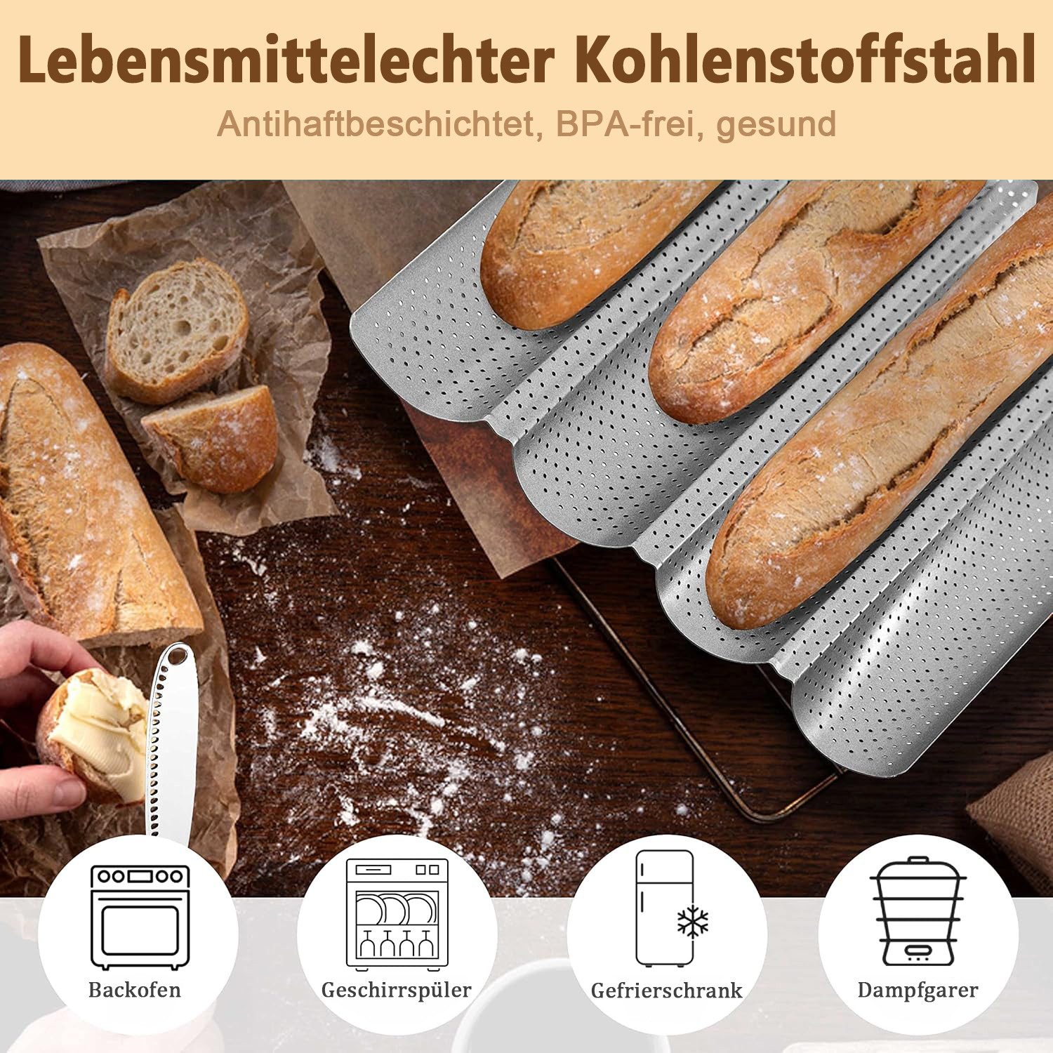Refined Living Baguetteblech Baguette-Backblech für 4 Brote Antihaft Baguette Backform Brotbackform, (Perforierte Antihaftbeschichtung Blechpfanne Hitzebeständig bis 230°C, 1-St., französisches und italienisches Brot, Tabletts zum Backen von Laibbrot), 38 x 33 cm Brotform Brot Backen Zubehör Geschenke für Backbegeisterte