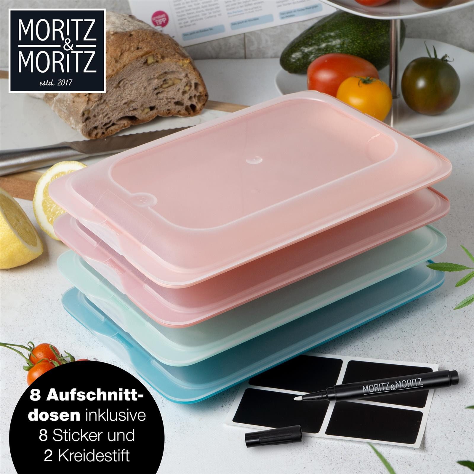 Moritz & Moritz Frischhaltedose 8er Set Aufschnittbox stapelbar - Frischhaltedosen bunt, Kunststoff, (Set, 8-tlg., Set), Inkl. 8 Sticker, mit Deckel für Optimales Frischhalten