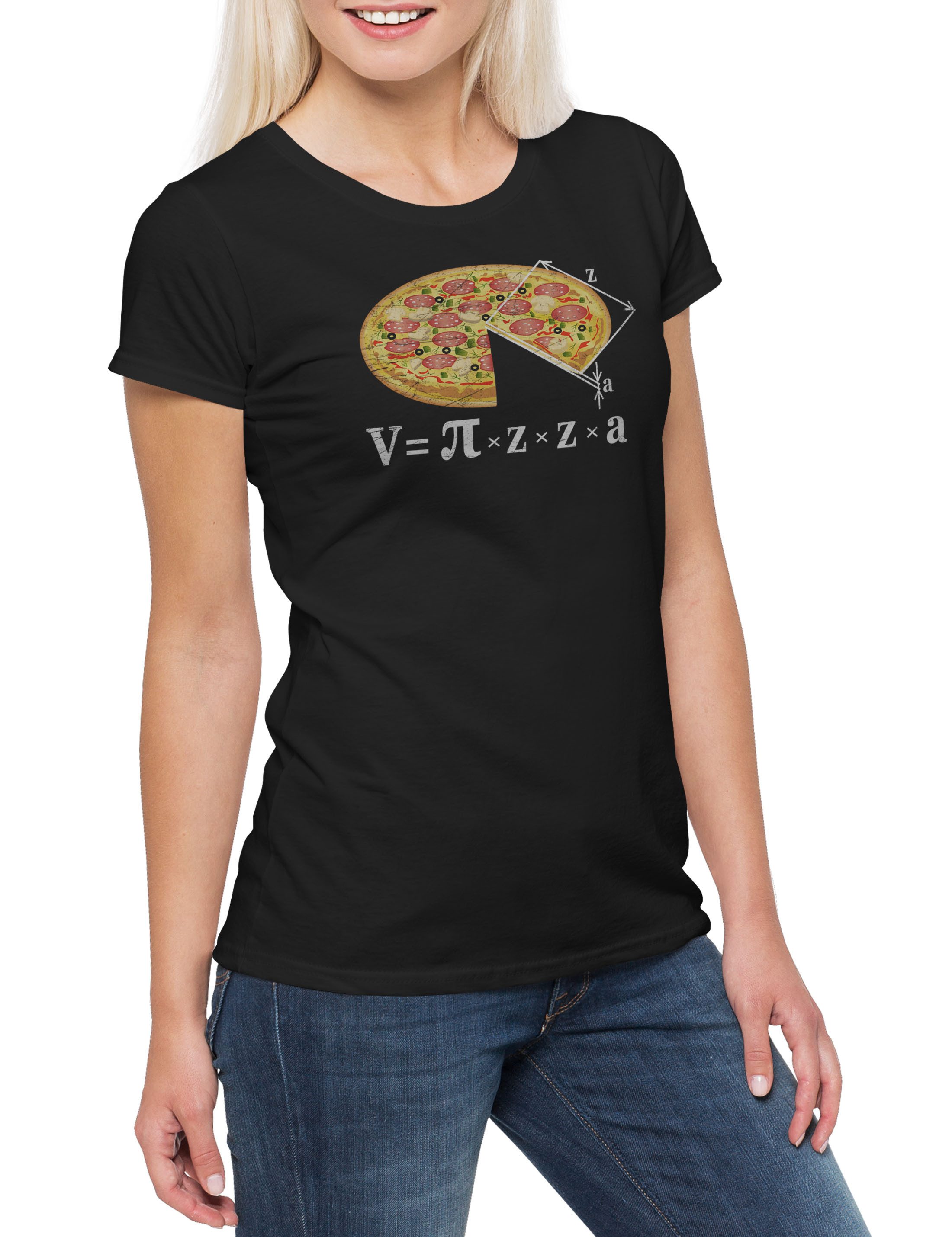 Print-Shirt V = Pizza I Damen T-Shirt Lehrer Fun Teacher Professor Nerd Geek