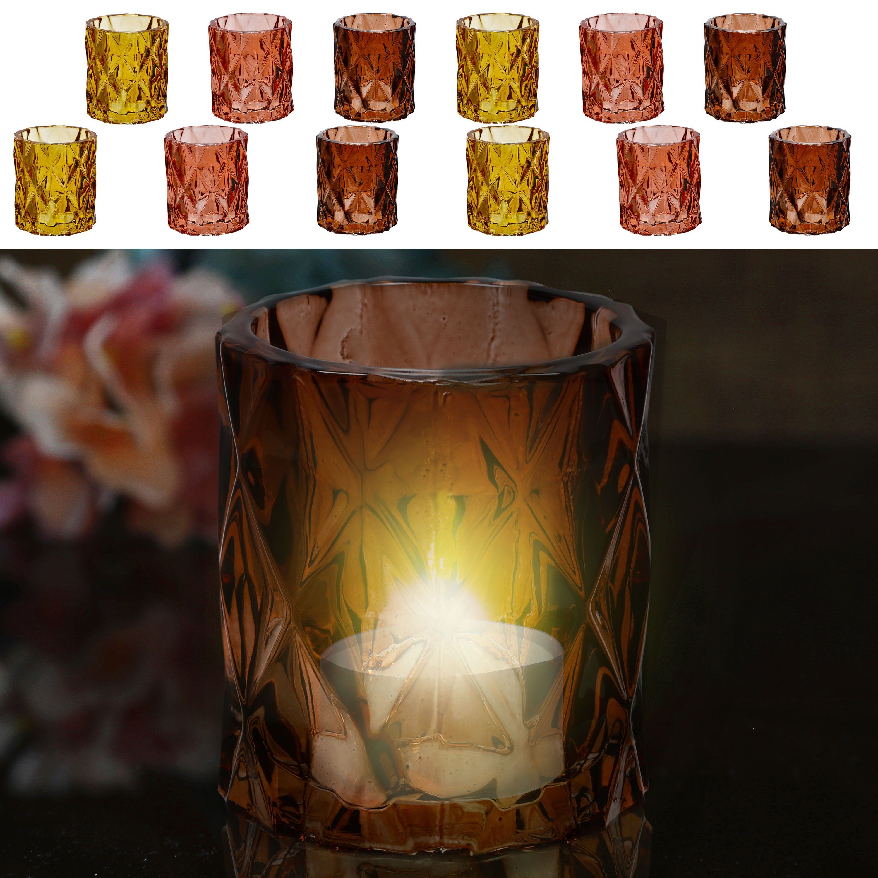 CEPEWA Teelichthalter Windlicht 12er Set 8x7cm 3 Farben Glas. € 24,95
