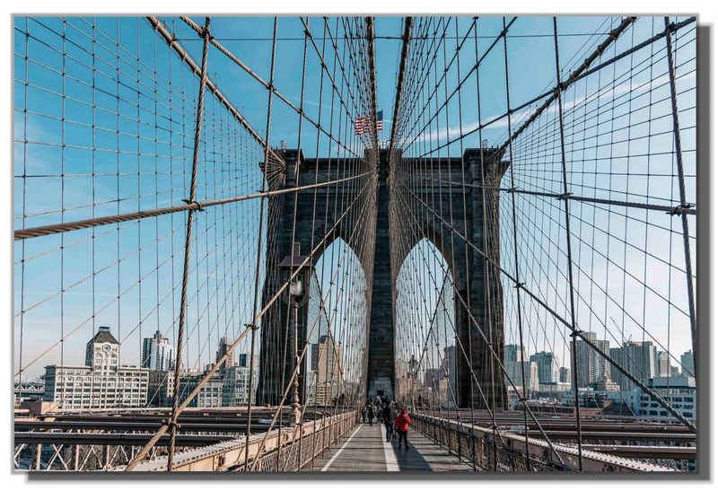 Victor (Zenith) Acrylglasbild Flag over Brooklyn Bridge, Städte, In 60 x 60 cm, Städte, Bilder New York, Glasbilder Brücke