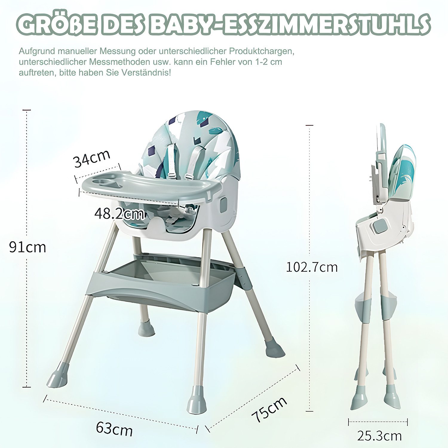 HEYHIPPO Kinderklappstuhl Hochstuhl Babys ab 6 Monaten Klappbarer Esszimmerstuhl mit Esstablett (Geeignet für Babys im Alter von 0–6 Jahren. 91 × 75 × 63 cm), Kindersitz verstellbarer Rückenlehne,abnehmbar und herausnehmbar,grün