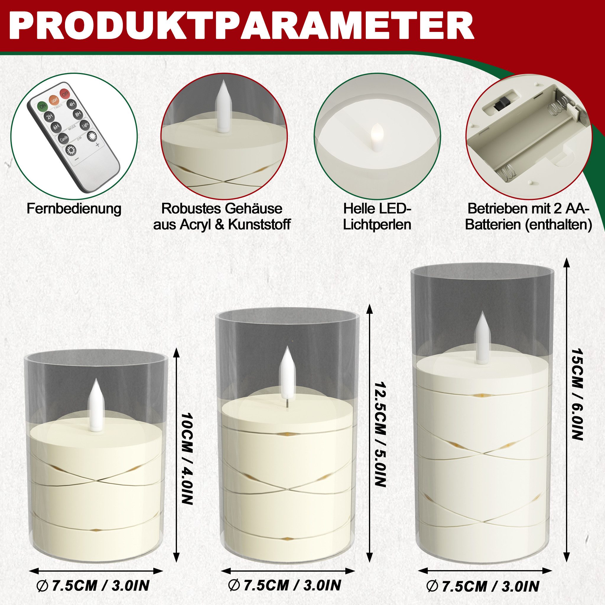FIVMEN LED-Kerze 3/5 Stück LED Kerzen mit Eingelassener Lichterkette Für Heimdekoration (3-tlg)