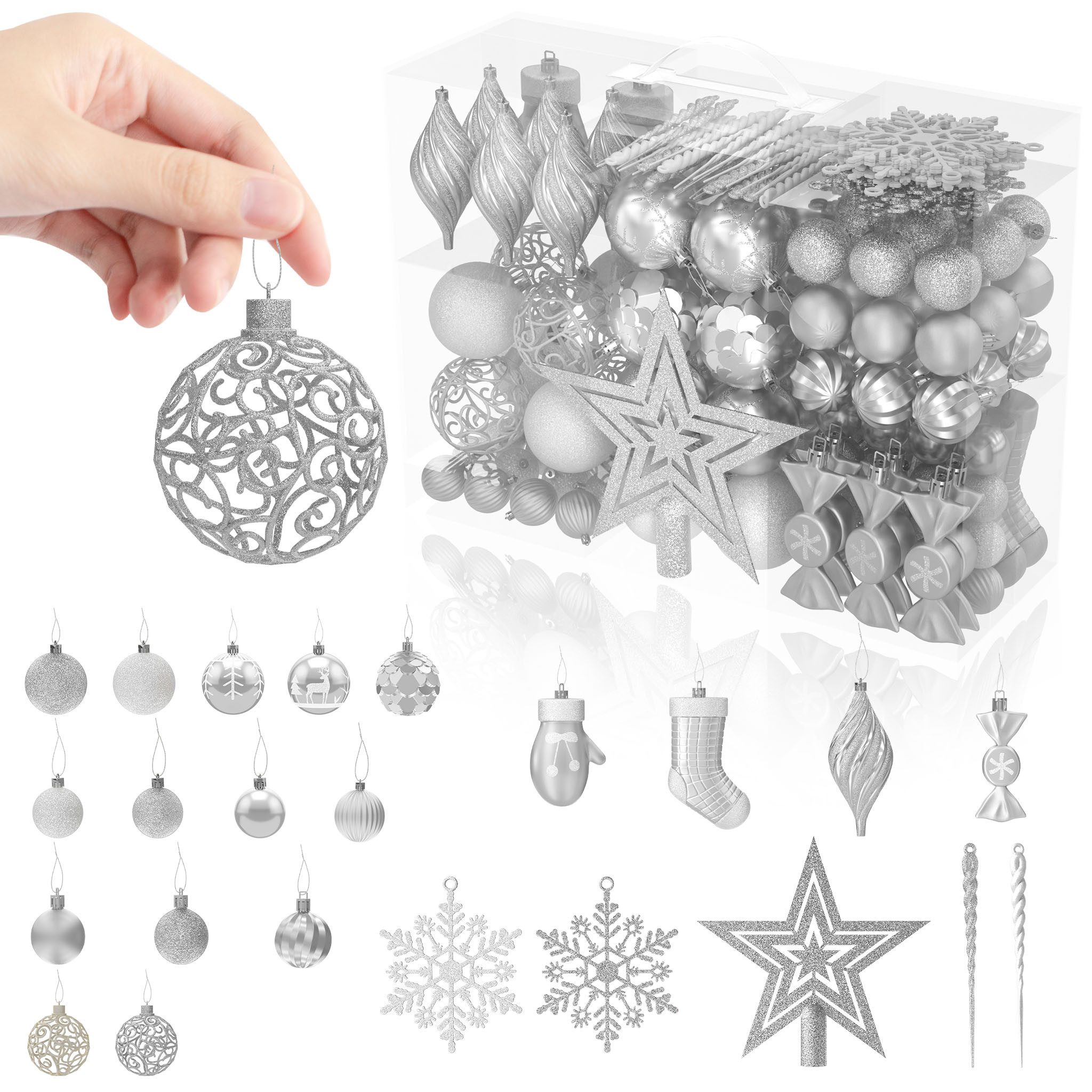 FIVMEN Weihnachtsbaumkugel Weihnachtskugeln Kunststoff 138 Stück mit Stern Spitze, Mehrere Farboptionen Christbaumschmuck