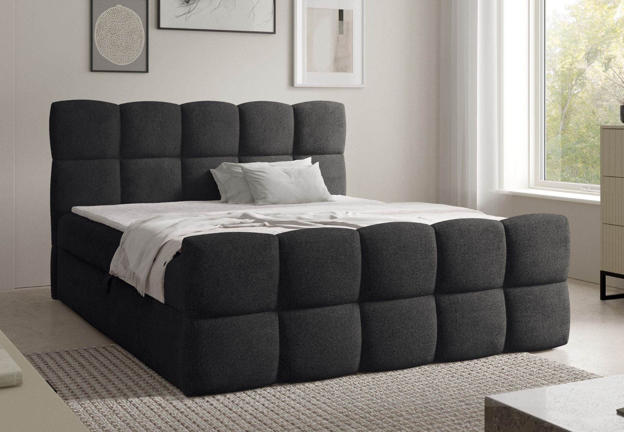Home Collective Boxspringbett Polsterbett Doppelbett Bubble Bett mit Stauraum, Topper, viele Größen (Verfügbare Größen: 120x200, 140x200, 160x200, 180x200, 200x200 cm), komfortable Liegehöhe edles Design mit Steppung Schwarz