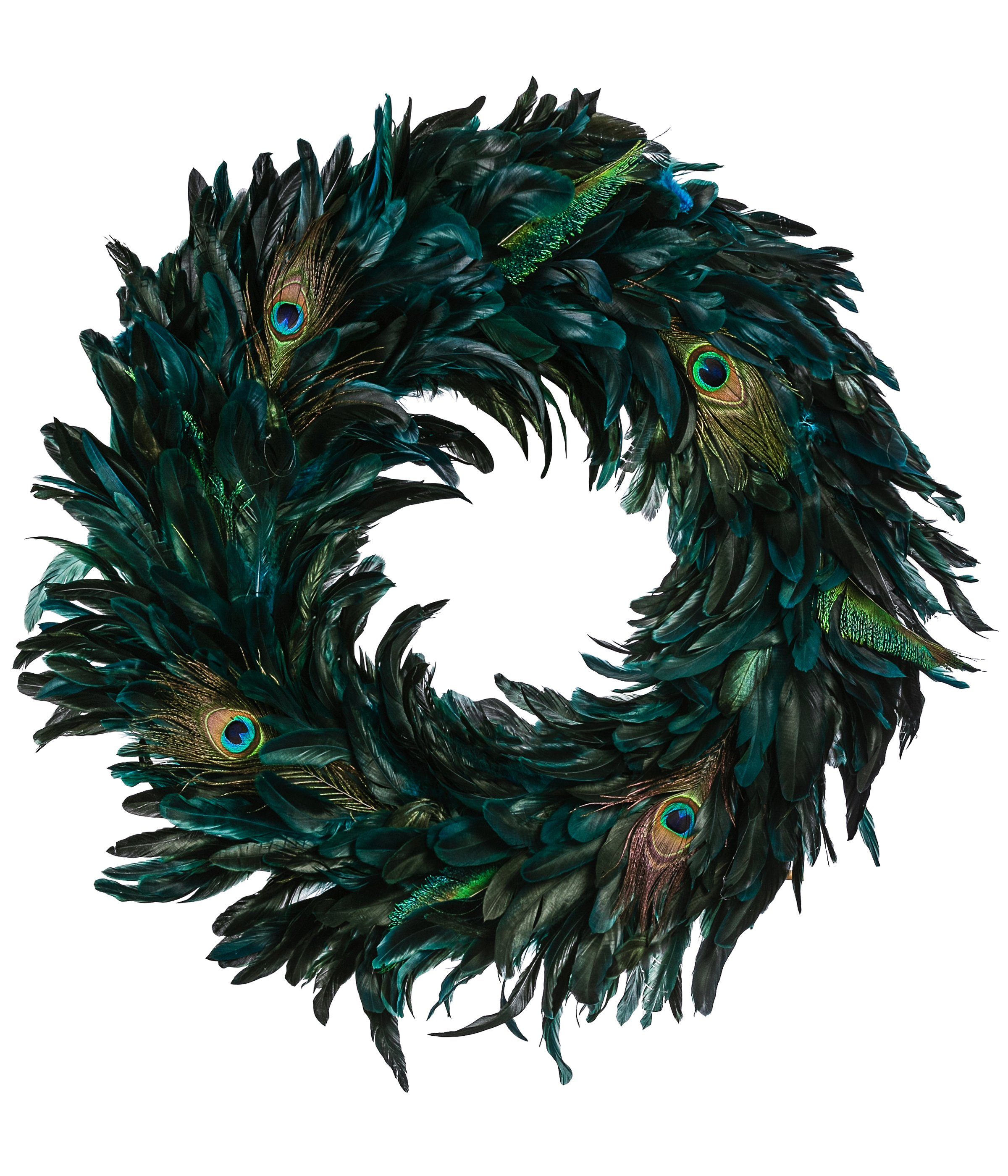 Dehner Dekokranz Deko-Kranz Peacock, Ø 40 cm, Höhe 3 cm, Naturmaterial, handgefertigter Kranz aus Pfauenfedern, einseitig gebunden