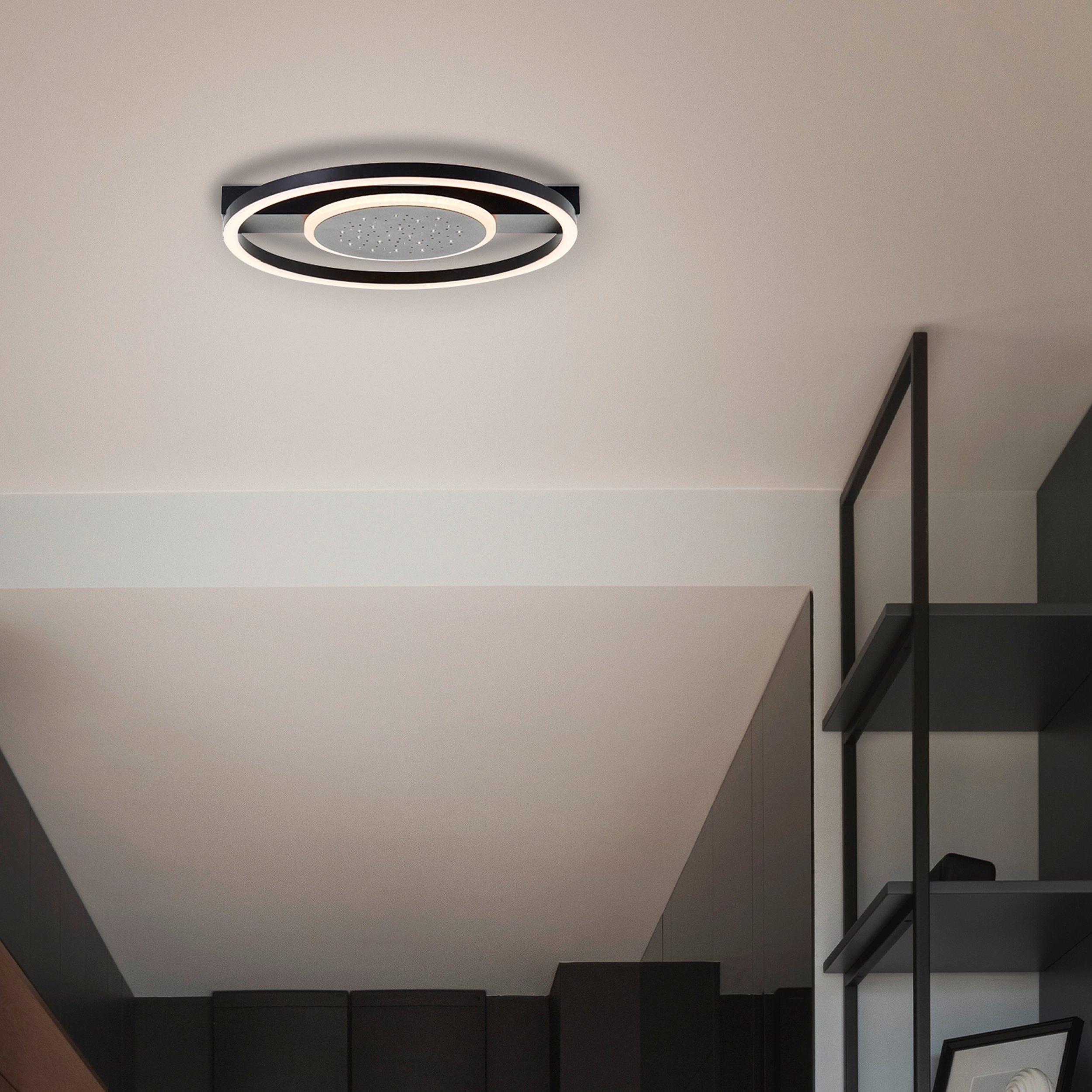 BreLight LED Deckenleuchte Reno, LED fest integriert, Warmweiß, 37 x 37 cm, 2400 lm, 3000 K, Sternenglanz, schwarz