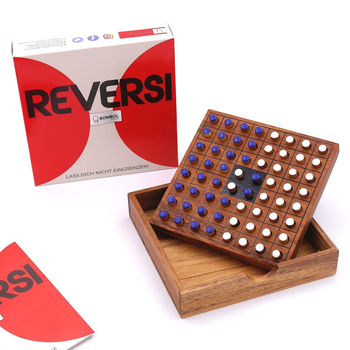 ROMBOL Denkspiele Spiel, Brettspiel Reversi – Interessantes Strategiespiel für 2 Personen aus edlem Holz, Holzspiel weiß/blau
