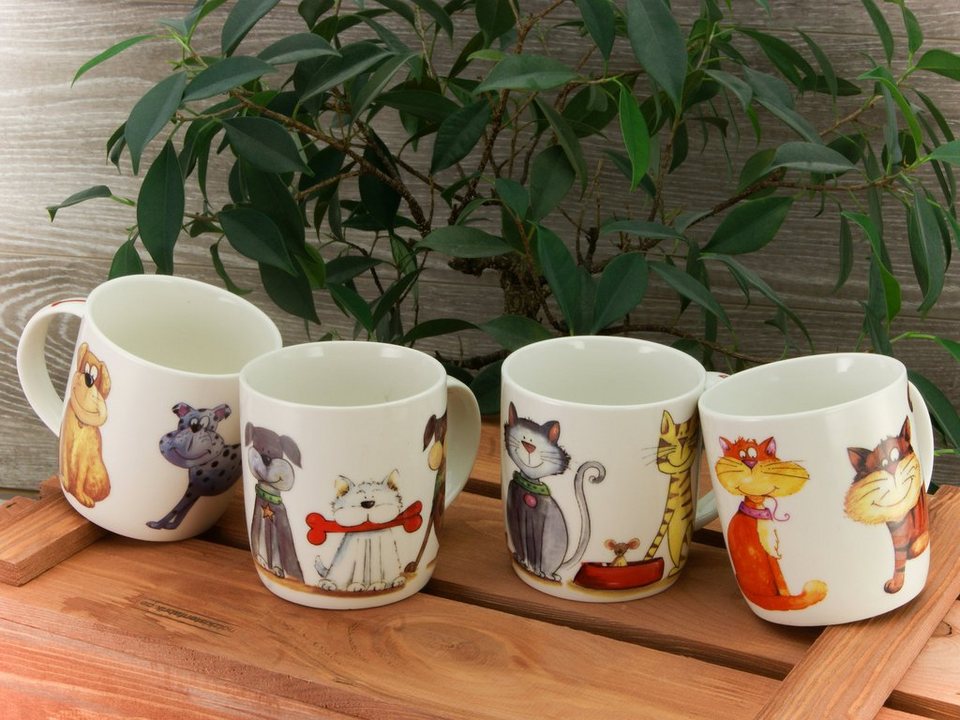 CreaTable Becher Kaffeebecher Cats & Dogs, New Bone China, lustige  Vierbeiner als Motiv, Tassen Set, 4-teilig