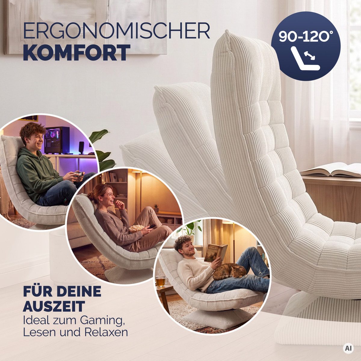 Casaria Relaxsessel Aberdeen Cord, verstellbare Lehne Drehbar Klappbar 150kg Belastbarkeit 60x105x87cm – Bild 4 von 5