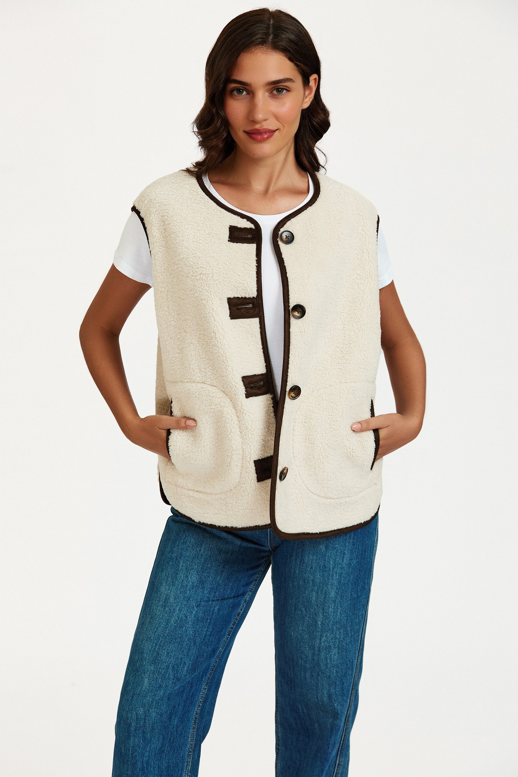 FS Collection Fellimitatweste Damen Teddy Weste aus Kunstfell – Fellimitatweste aus Lammfellimitat (Größen: S, M, L, XL) 100% Polyester