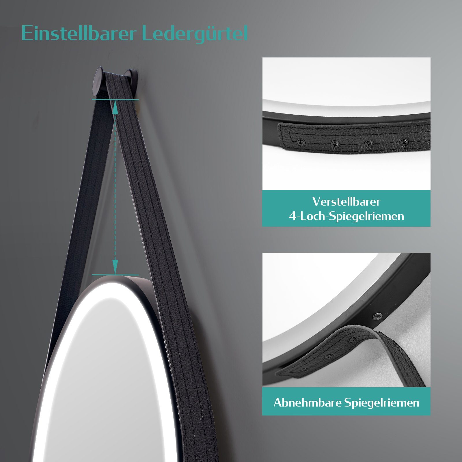 EMKE Badspiegel mit Beleuchtung Rund Badezimmerspiegel schwarzem Rahmen (50-80cm, Touchschalter), 3 Lichtfarben, dimmbar, Touch, Memory, ohne Antibeschlag, IP44