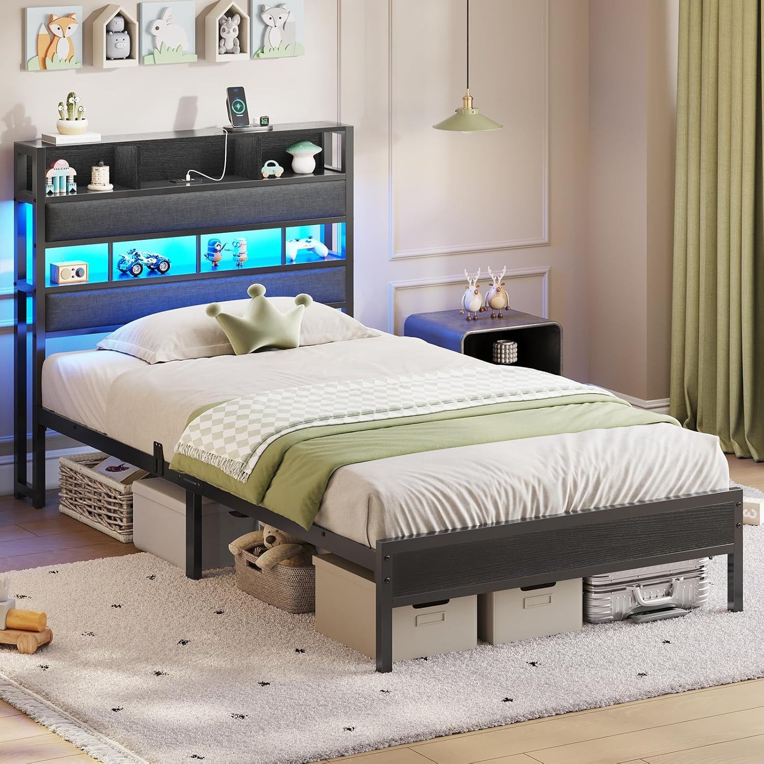 MSMASK Metallbett mit LED Beleuchtung & Ladestation, Kinderbett Jugendbett (1-tlg., Ohne Matratze), Bettgestell 90x200cm