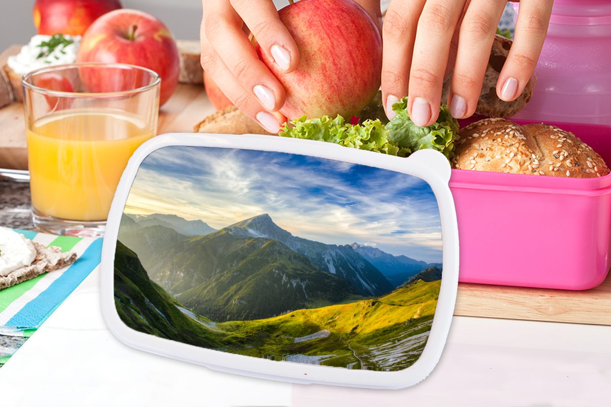 MuchoWow Lunchbox Tirol - (2-tlg), für Kunststoff, Sonnenaufgang, Mädchen, rosa Brotdose - Kinder, Snackbox, Berg Brotbox Kunststoff Erwachsene