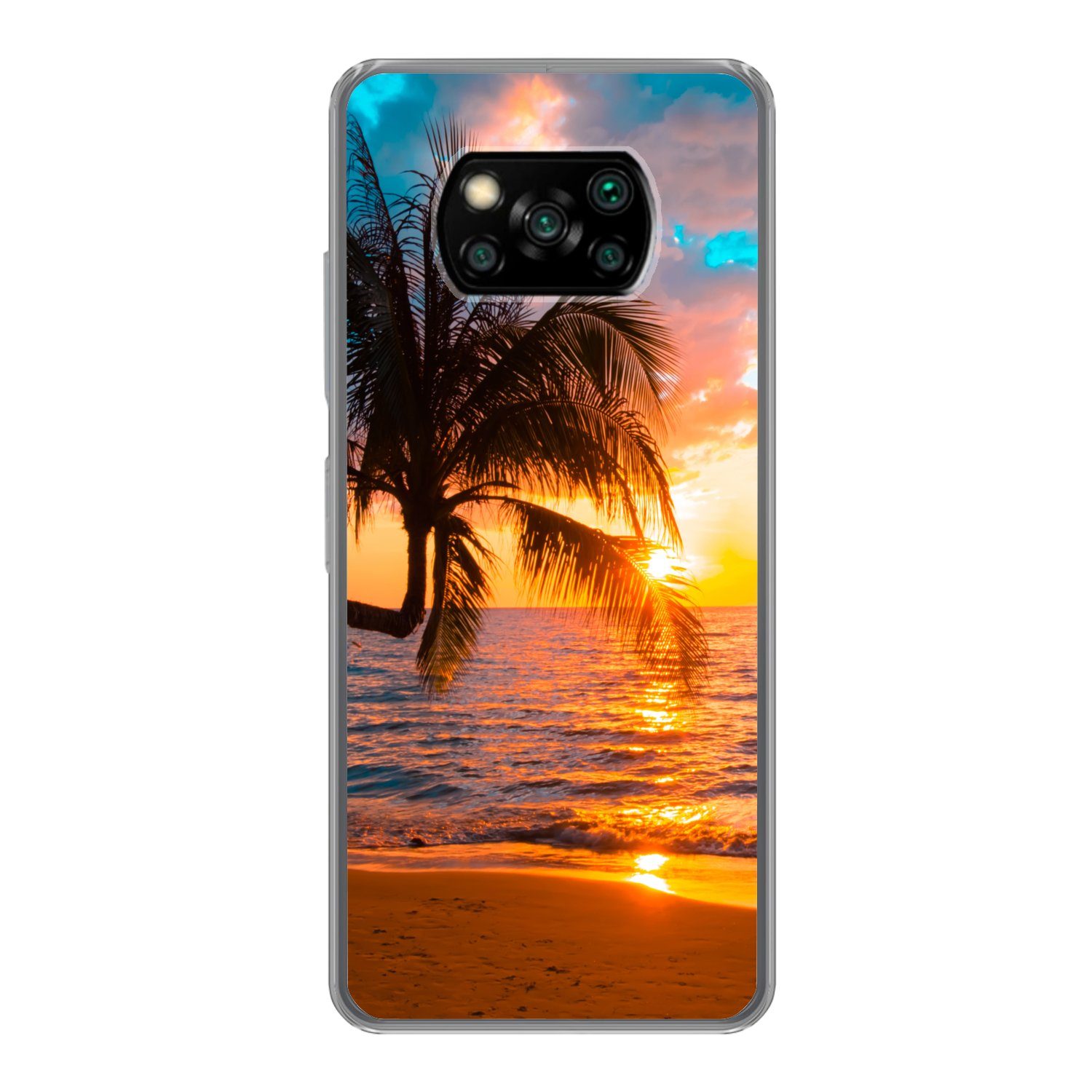 MuchoWow Handyhülle für Xiaomi Poco X3 Pro Palme - Sonnenuntergang - Horizont - Strand - M, Phone Case, Silikon, Schutzhülle Dünn