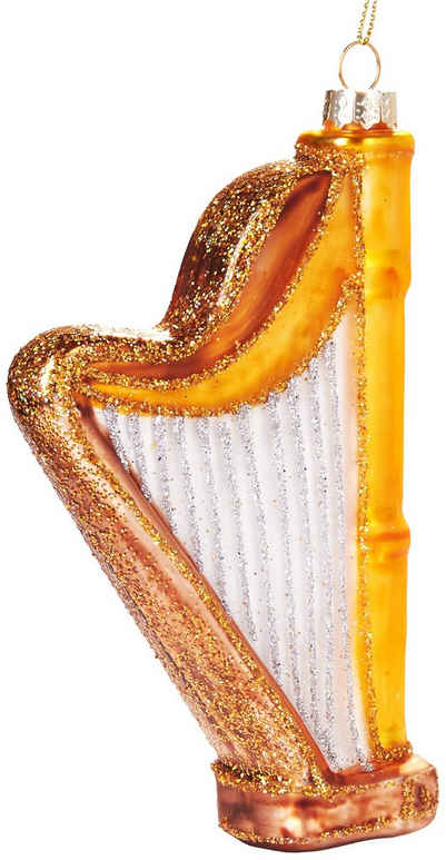 BRUBAKER Christbaumschmuck Mundgeblasene Weihnachtskugel Goldene Harfe, Instrument Weihnachtsschmuck aus Glas, handbemalt - Lustige Weihnachtskugel Musik 14 cm