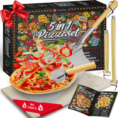 Heidenfeld Pizzastein 5in1 Pizza Set inkl. Pizzaschieber, Pizzaschneider & Rezeptbuch, Pizzastein aus Cordierit, (Pizzaschieber rechteckig mit großer Fläche, Ofen Back Zubehör, 5-St., "rostfrei" Geschenkset), Pizzaschaufel & Pizzaschneider mit Pizzastein für Grill