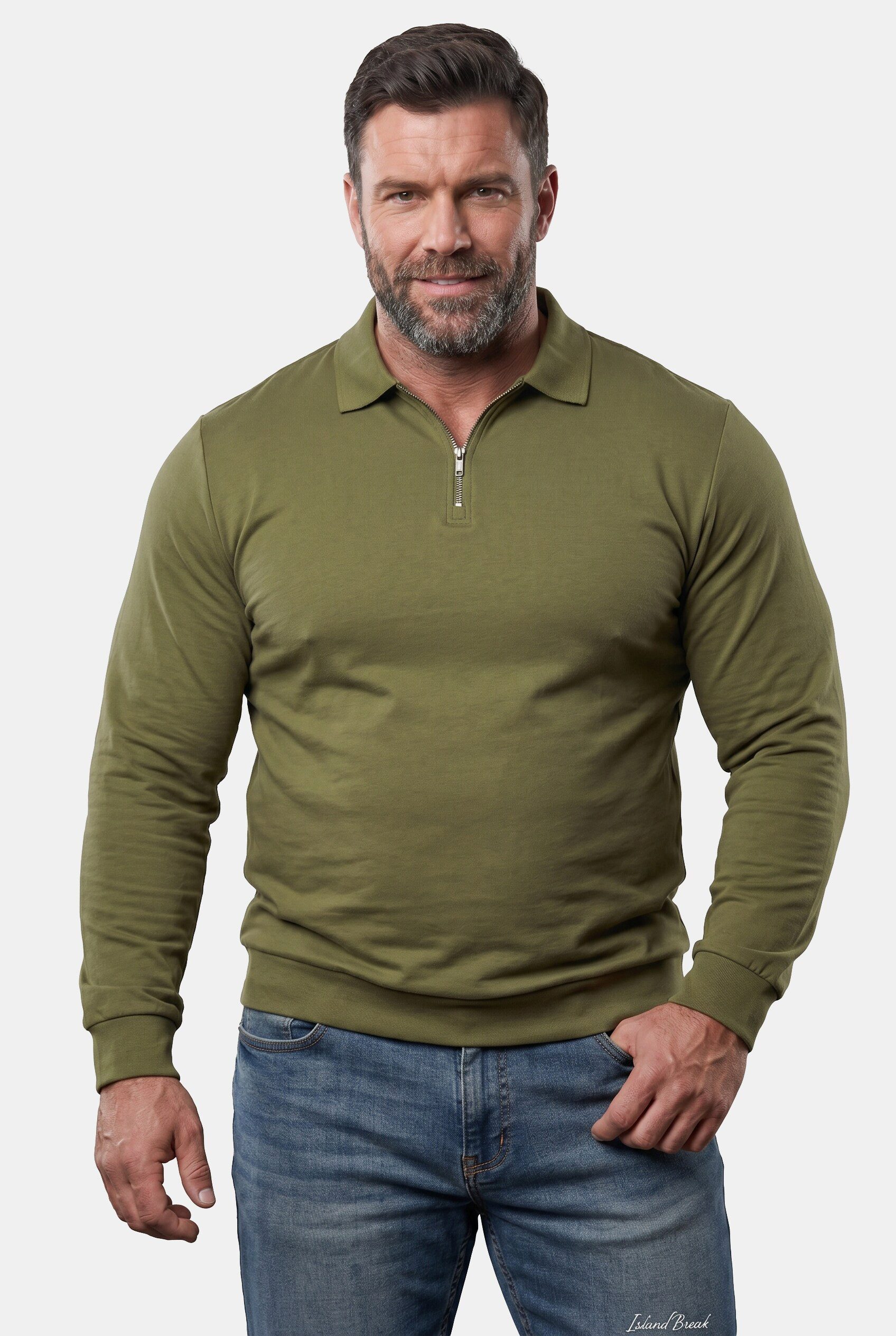 Men Plus Poloshirt Langarmpoloshirt Bauchfit verdeckter Zipper