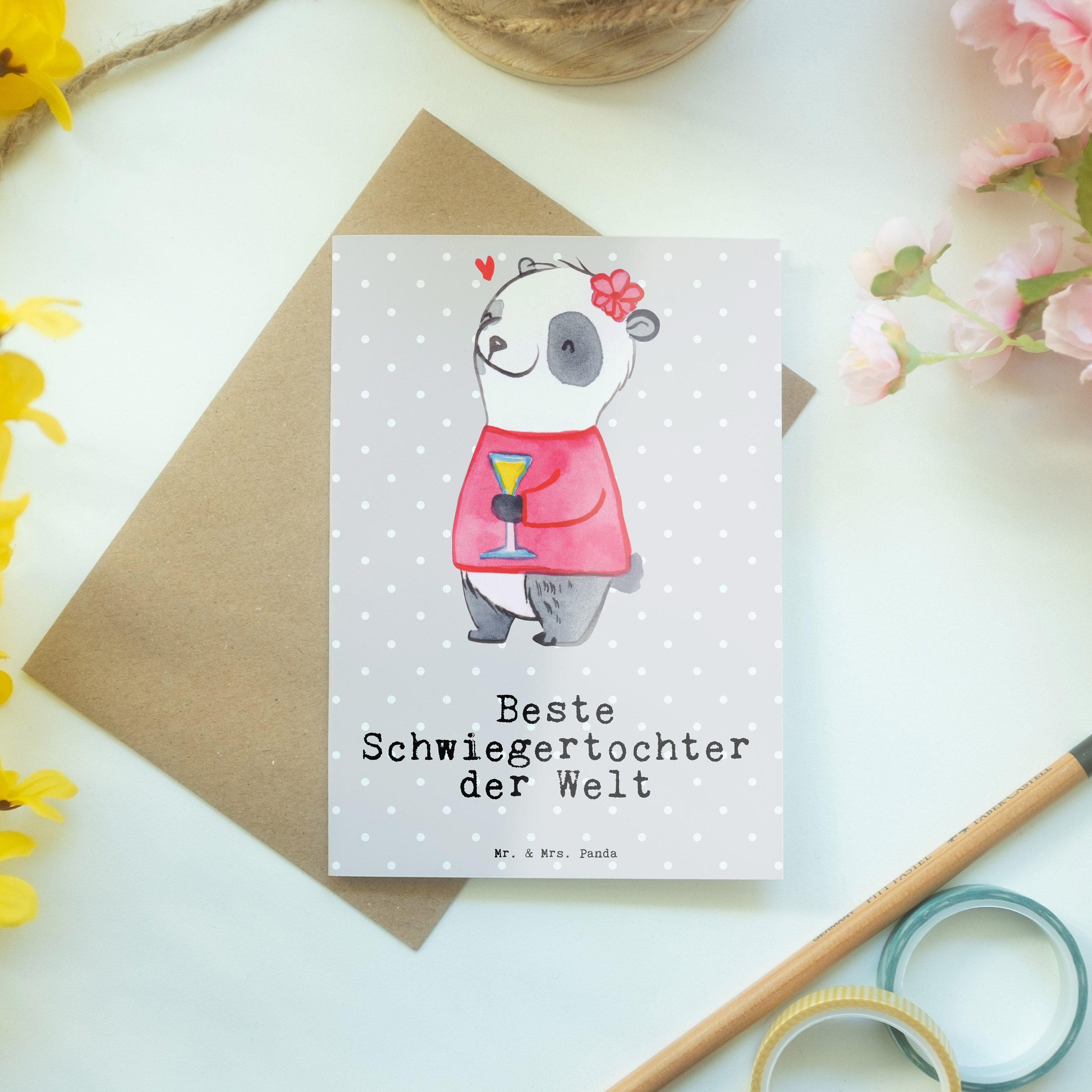 Beste Grußkarte & Geschenk, Pastell - Mr. Hoch Panda Mrs. - Panda Welt Schwiegertochter Grau der