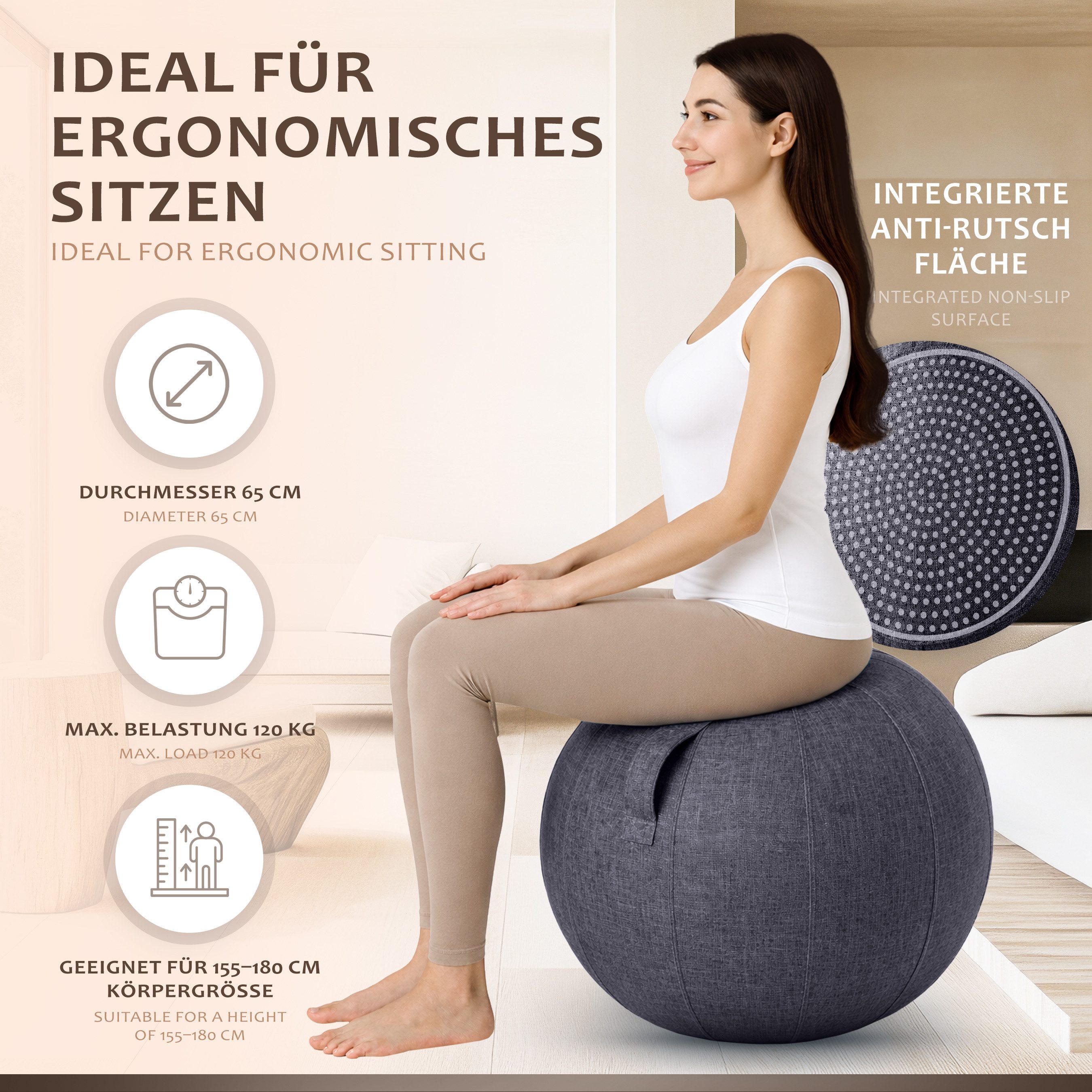 ONVAYA Gymnastikball 65cm - Yoga Ball - Sitzball - Fitnessball-Schwangerschaftball